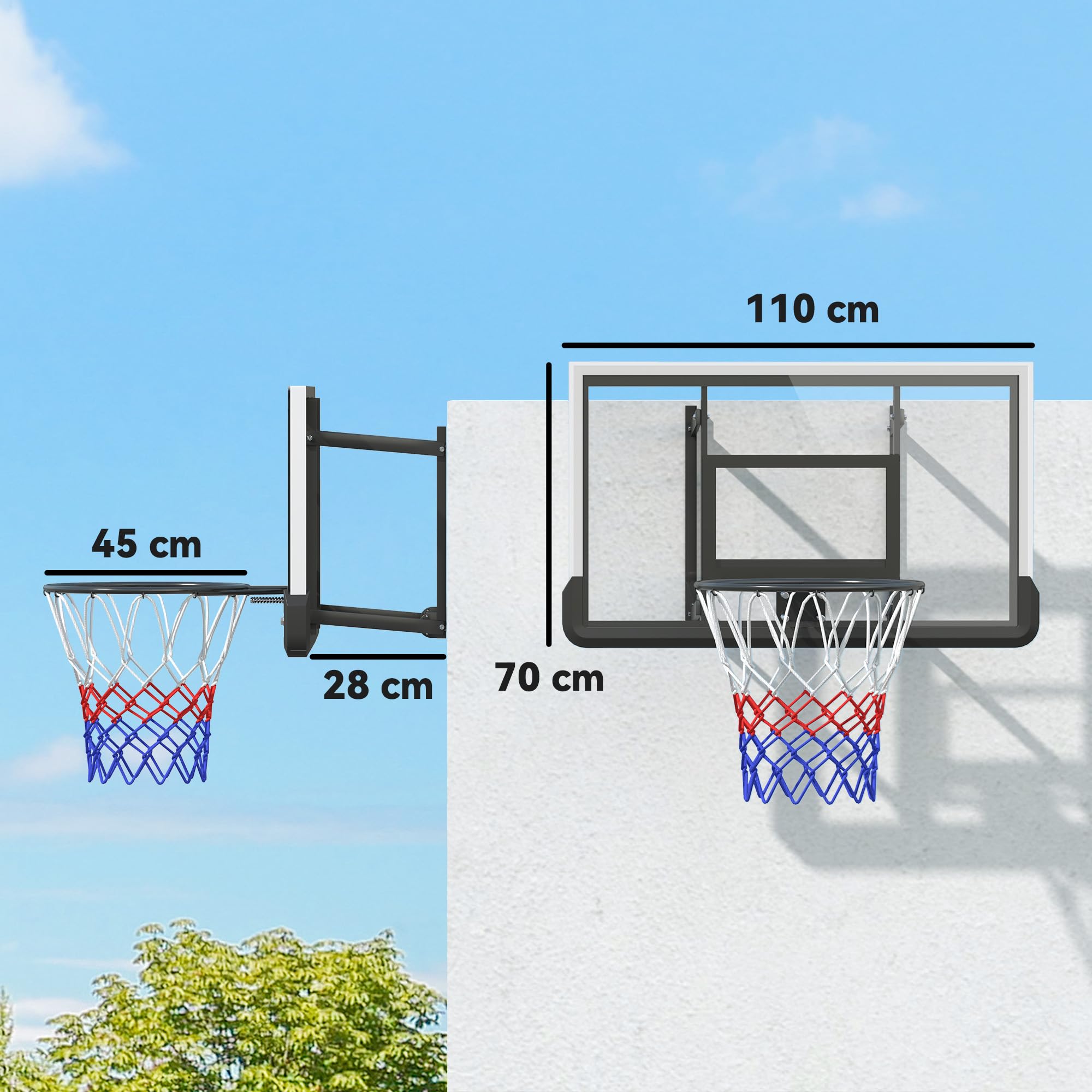 SPORTNOW canestro con tabellone per esterni e interni, tabellone da basket con canestro in acciaio Ø45 cm e rete, montaggio a parete, tabellone da basket per adulti, nero