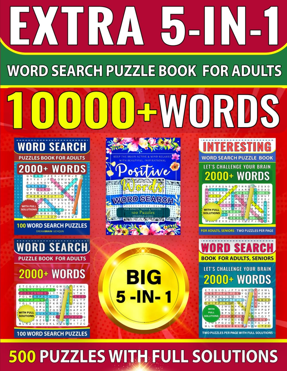 EXTRA 5-in-1 Word Search Puzzle Book for Adults: 10000+ Words, 500 ...