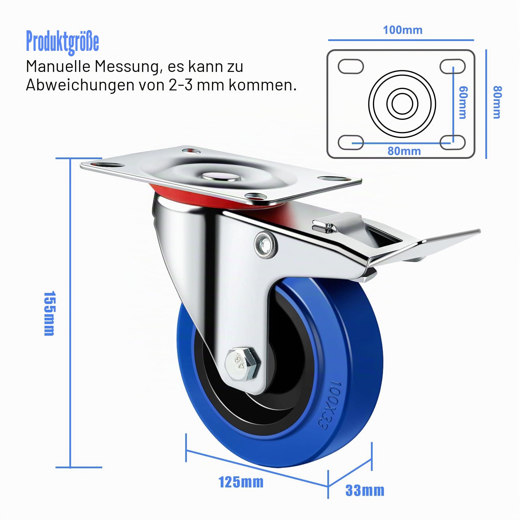 Transportrollen Industrie Schwerlastrollen Lenkrollen mit Bremse Blau Möbelrollen, Miafamily 4X Rollen mit Bremse, 125mm Rollen für Möbel, Tragfähigkeit 300KG