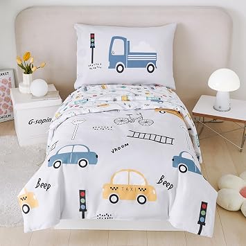 STYHO Cars Toddler Bedding Reversible Taxi Cars Printed Duvet Cover Set for Toddler Bed Ultra Soft Microfiber Grey Vehicles Cot Duvet Cover for Boys GirlsLight Grey, Cot Bed