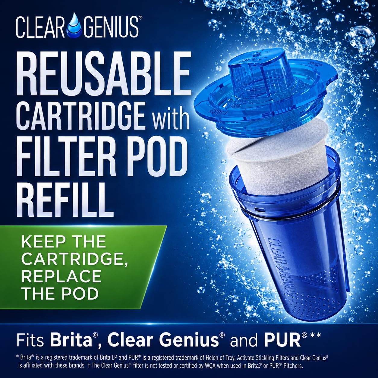 Clara Genius sistema de filtrado de agua jarra FWP-1, incluye reutilizable cartucho de filtro y filtro de recambio de Pod, claro, 6 tazas capacidad
