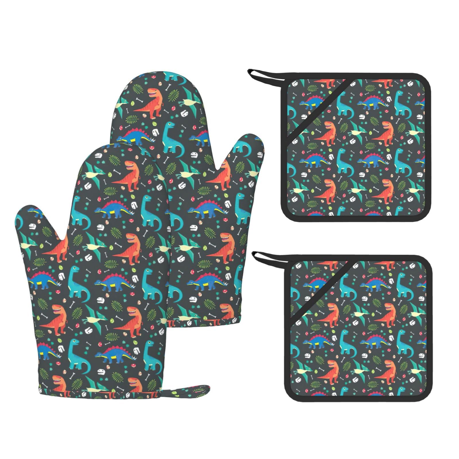 Eeprty Black Cartoon Dinosaur Printed Kitchen Oven Gloves And Potholder 4 Pcs, Non-Slip Heat Resistant Mitts For Baking Chef