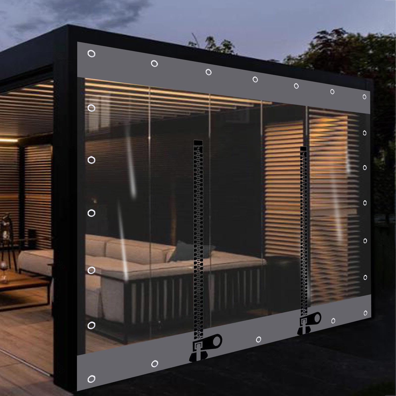 Kooein W×H Waterproof Tarpaulin Transparent Curtains, Clear Splicing Tarp Side Panels Foldable Rain Curtains, Outdoor Tent Side Panels With Zipper - With Grommets,-3×2.5M(9.8 * 8.2Ft)