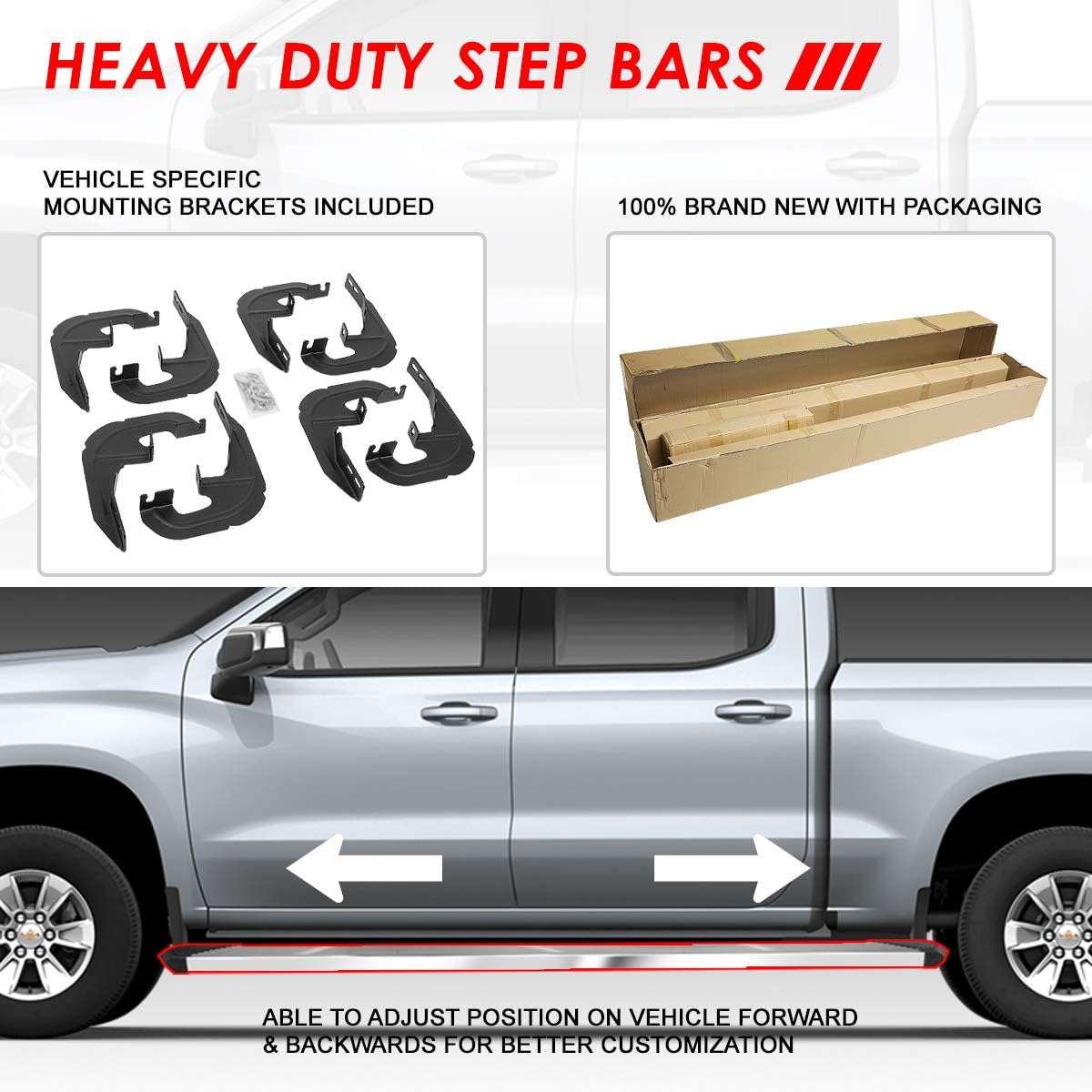 Auto Dynasty 6 Inches Pleated Side Step Nerf Bar Running Boards Compatible with 2019-2025 Silverado Sierra 1500 2500HD 3500HD Crew Cab, Stainless Steel, Polished Chrome