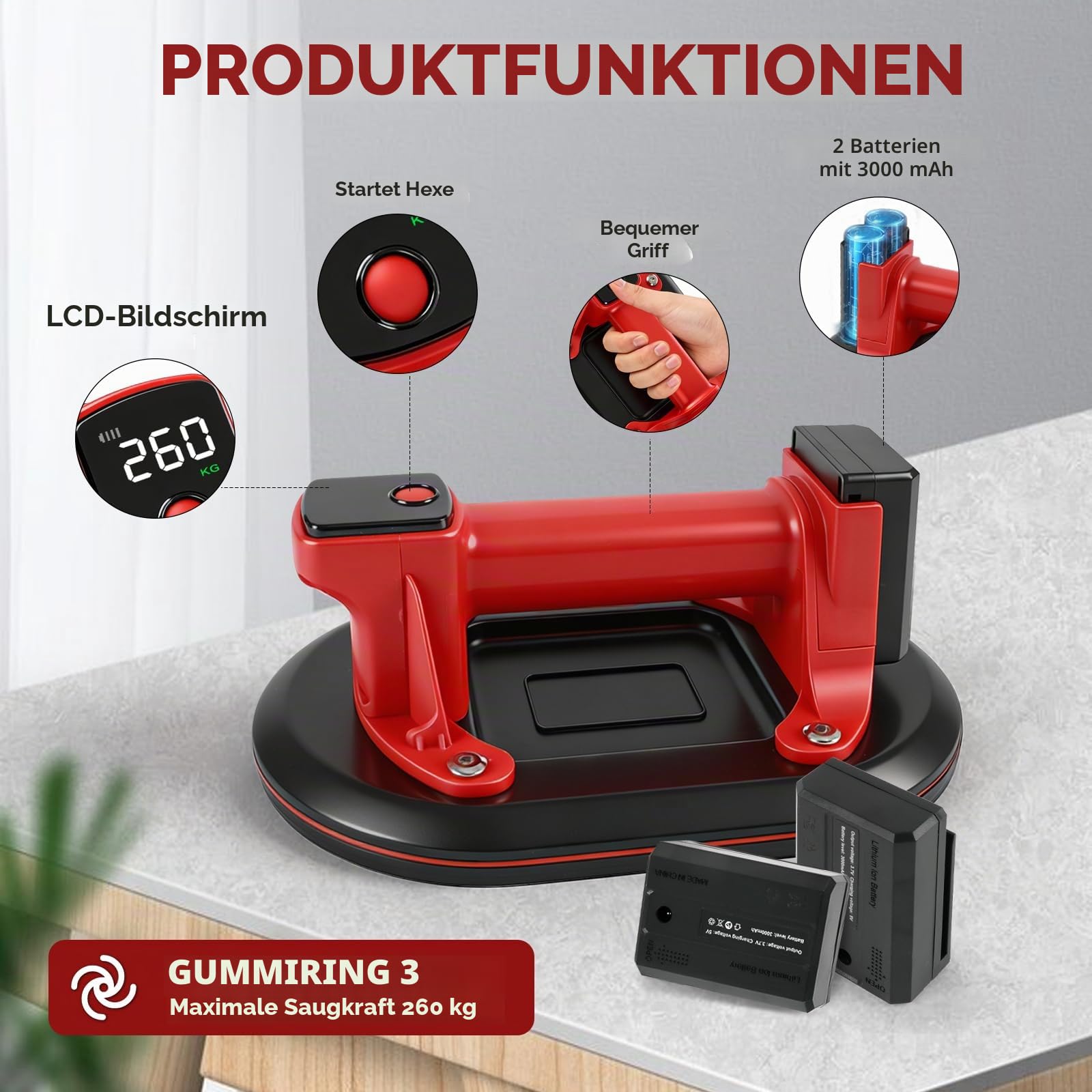 Akku Saugheber Saugnapf 260 kg, 24 cm Vakuumheber mit 2 x 3000 mAh Akku, mit LCD-Display, Glassauger zum Heben von Fliesen Granit Spiegel Plattenheber (EU)