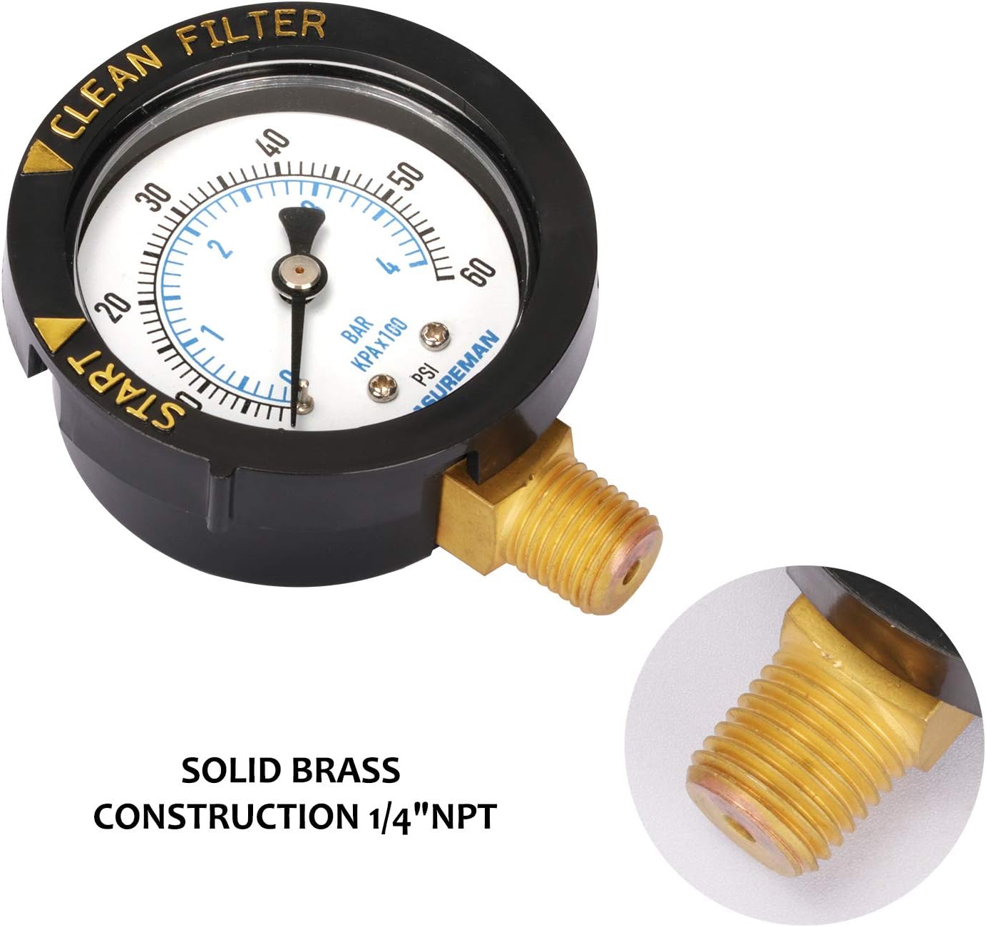 Limited Discount MEASUREMAN 2 Start and Clean Filter Pressure Gauge, Swimming Pool Filter Pressure Gauge, Spa, Aquarium, Water Pressure Gauge, 1/4 NPT Lower Mount 0-60Psi/bar Promo 40% OFF MEASUREMAN 2 Start and Clean Filter Pressure Gauge, Swimming Pool Filter Pressure Gauge, Spa, Aquarium, Water Pressure Gauge, 1/4 NPT Lower Mount 0-60Psi/bar
