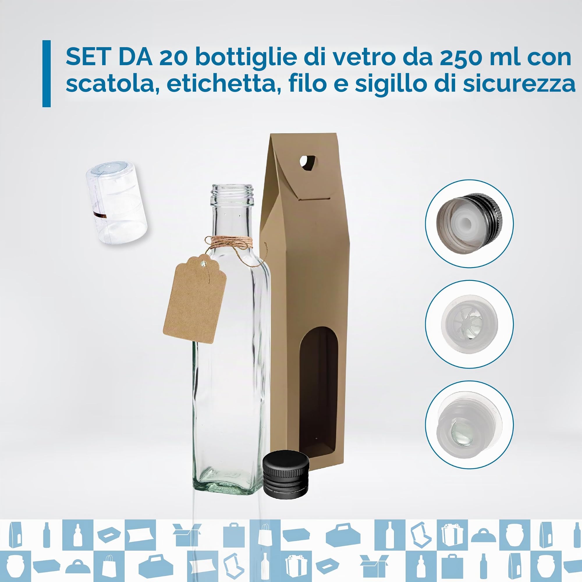 Set 20 Bottiglie di Vetro 250 ml con Tappo Nero e Beccuccio Versatore + 20 Scatole, 20 Sigilli e 20 Etichette – Oliera Regalo per Olio e Aceto | Espirito Rebelde
