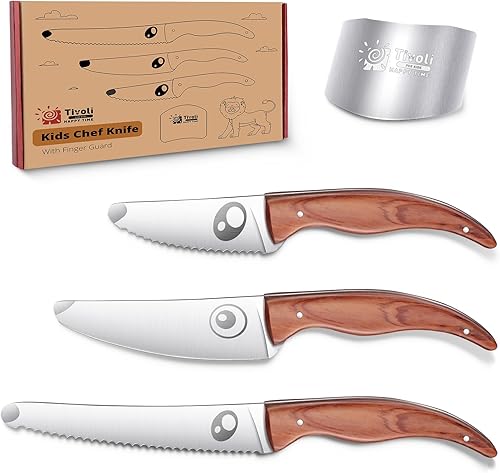 TIVOLI Juego de cuchillos para niños para cocina real, cuchillos de cocina para niños, 4 piezas, cuchillos de seguridad de acero inoxidable con