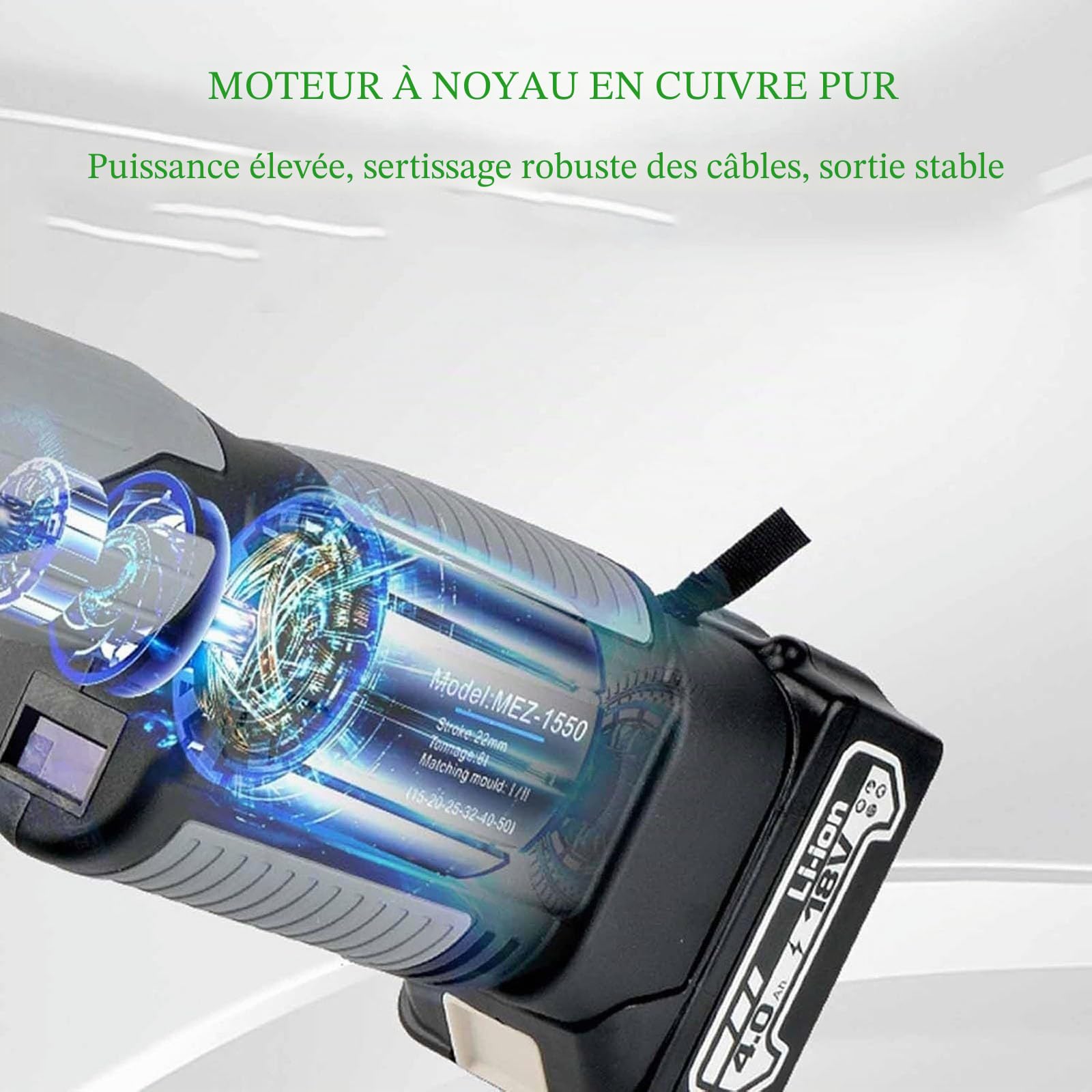 Pince à sertir hydraulique rechargeable 10-300 m², outil de sertissage hydraulique électrique avec 12 paires de matrices, pince à sertir à piles pour bornes en cuivre et aluminium, vert