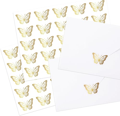 Whaline 500 unidades de sellos de sobre de mariposa dorada, calcomanías de mariposa dorada, etiquetas adhesivas de mariposa de primavera para