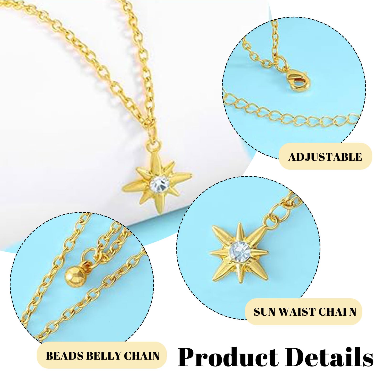 BelleVive Cadena de cintura de perlas de doble capa chapada en oro de 18 quilates Cadena de cuerpo estilo bikini para mujeres Accesorio de joyería de playa ajustable