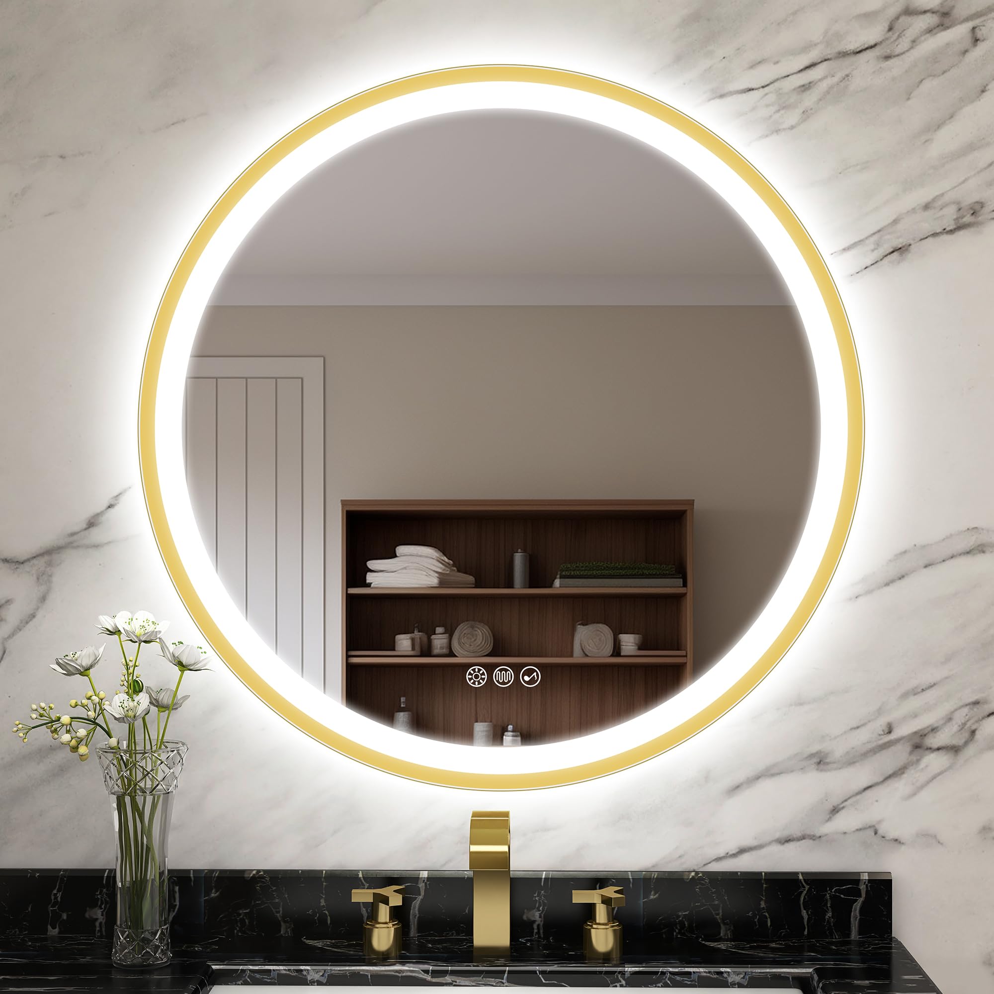 STARLEAD Espejo-Baño-Redondo-con-Luz 60cm, Espejo-Baño-LED con Bluetooth, Antivaho, Espejos-de-Baño con Regulable, 3 Colores Luz, Funzione Memoria, IP44 Vidrio Templado Espejo-LED, Pintura Dorado