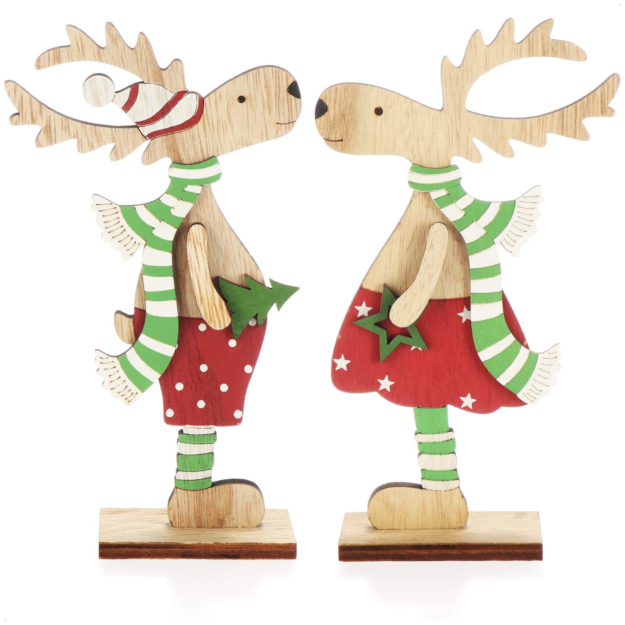com-four® 2X Expositores Decorativos para Navidad - Reno de Madera - Expositores navideños para Decorar y Regalar (Reno XL - Rojo + Verde)
