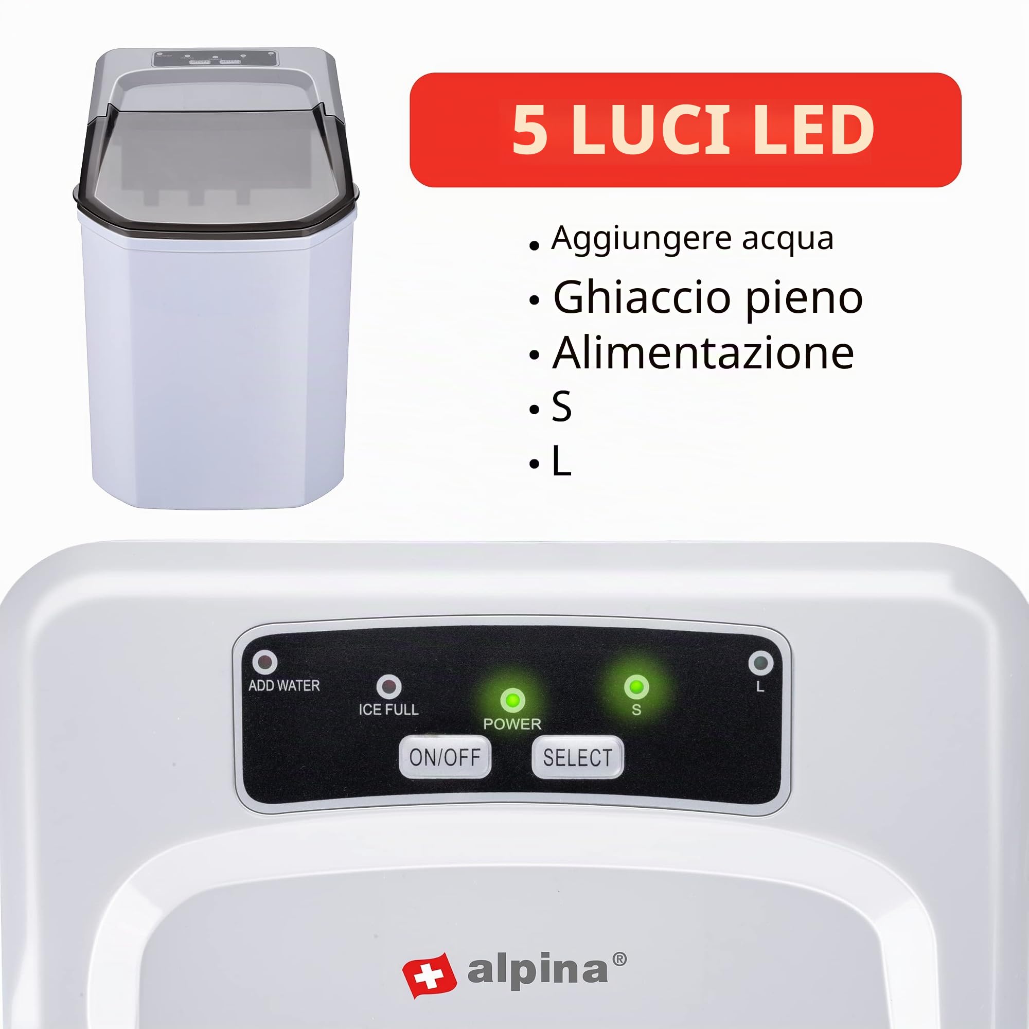 alpina Macchina per cubetti di ghiaccio, 2 misure di ghiaccio, produzione in 10-12 minuti, coperchio trasparente, bianco