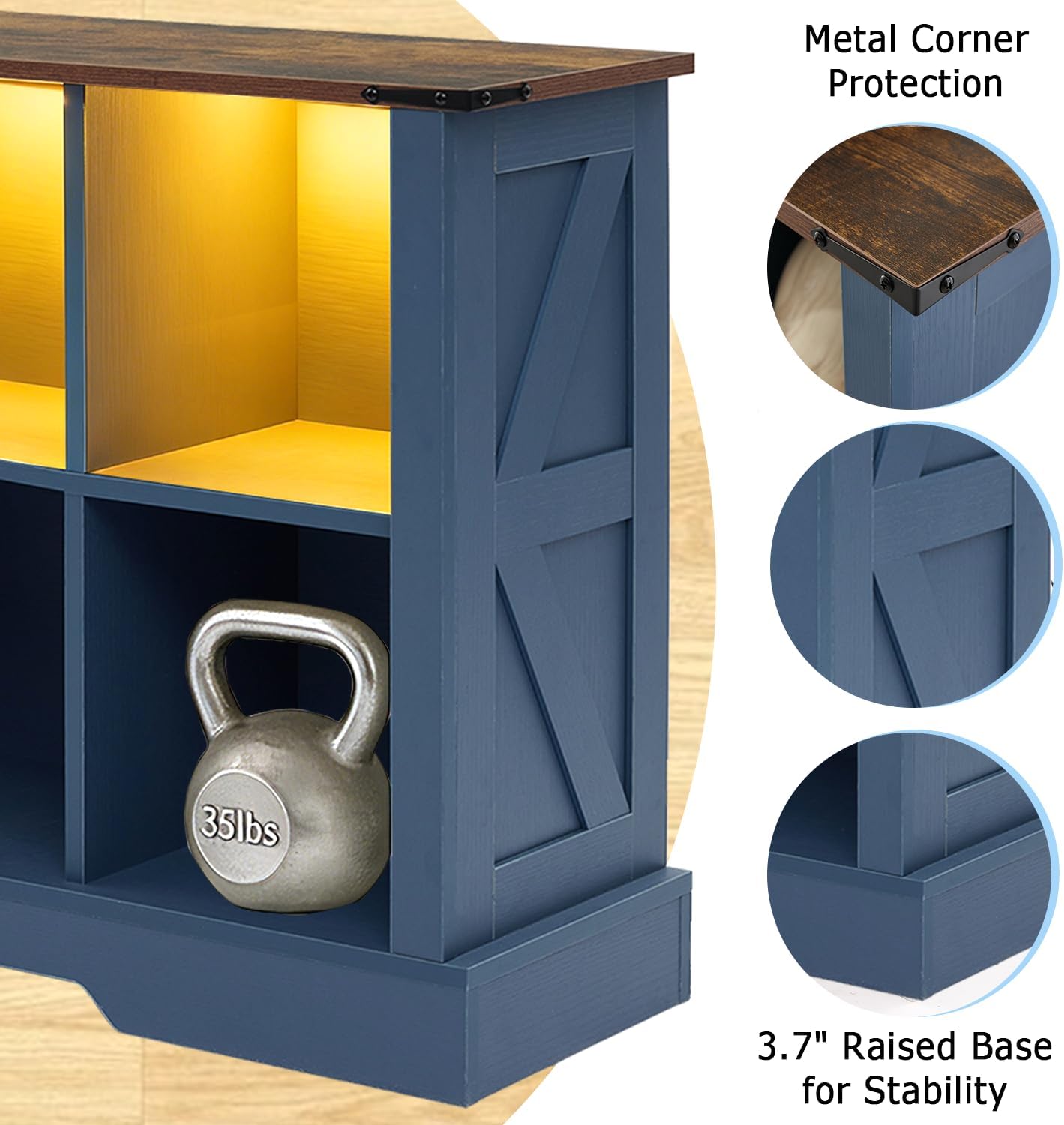 6 Cube Storage Organizer, Wood Cube Bookshelf with LED Lights, Horizontal Storage Cubes, Kids Bookshelf, Display Cabinet Cubby Shelf for Living Room Home Office Bedroom，Navy Blue