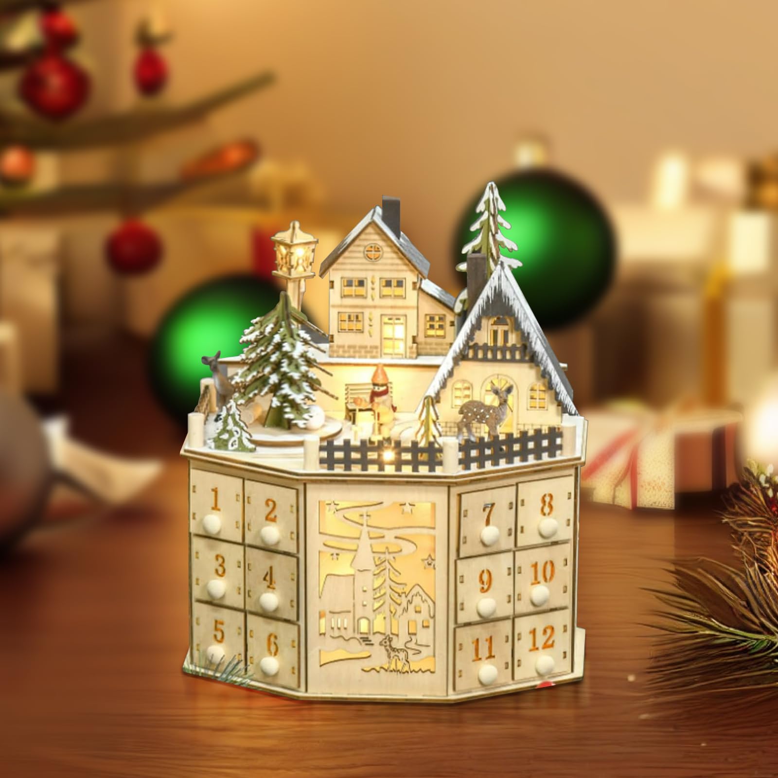 Calendario De Adviento De Madera Con 24 Cajones,Luces LED y Música (A)