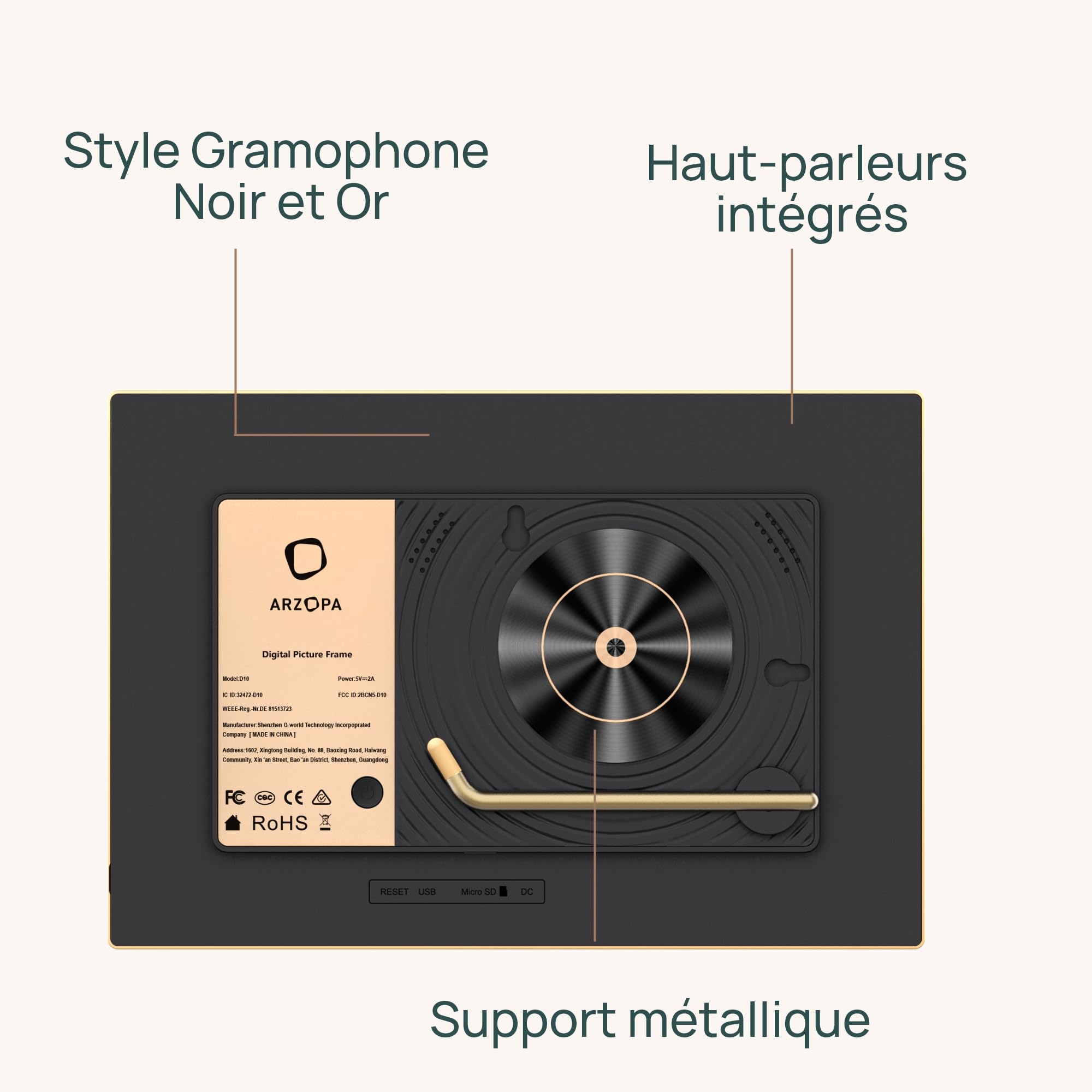 ARZOPA Cadre Photo Numérique Connecté Stockage Cloud Gratuit et Illimité HD Écran Tactile Cadre Numérique Photo en Metal Partager Photos Vidéos Illimitées Cadeau Personnalisé Parfait 10,1" - D10 Gold