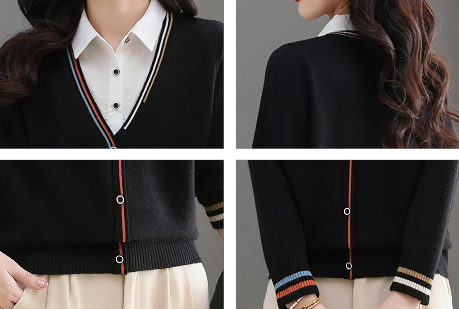 LAI MENG FIVE CATS Women's V-Neck Casual Collared 2 in 1 Pullover Top Long Sleeve Shirt Striped Contrast Blouse - Image 5