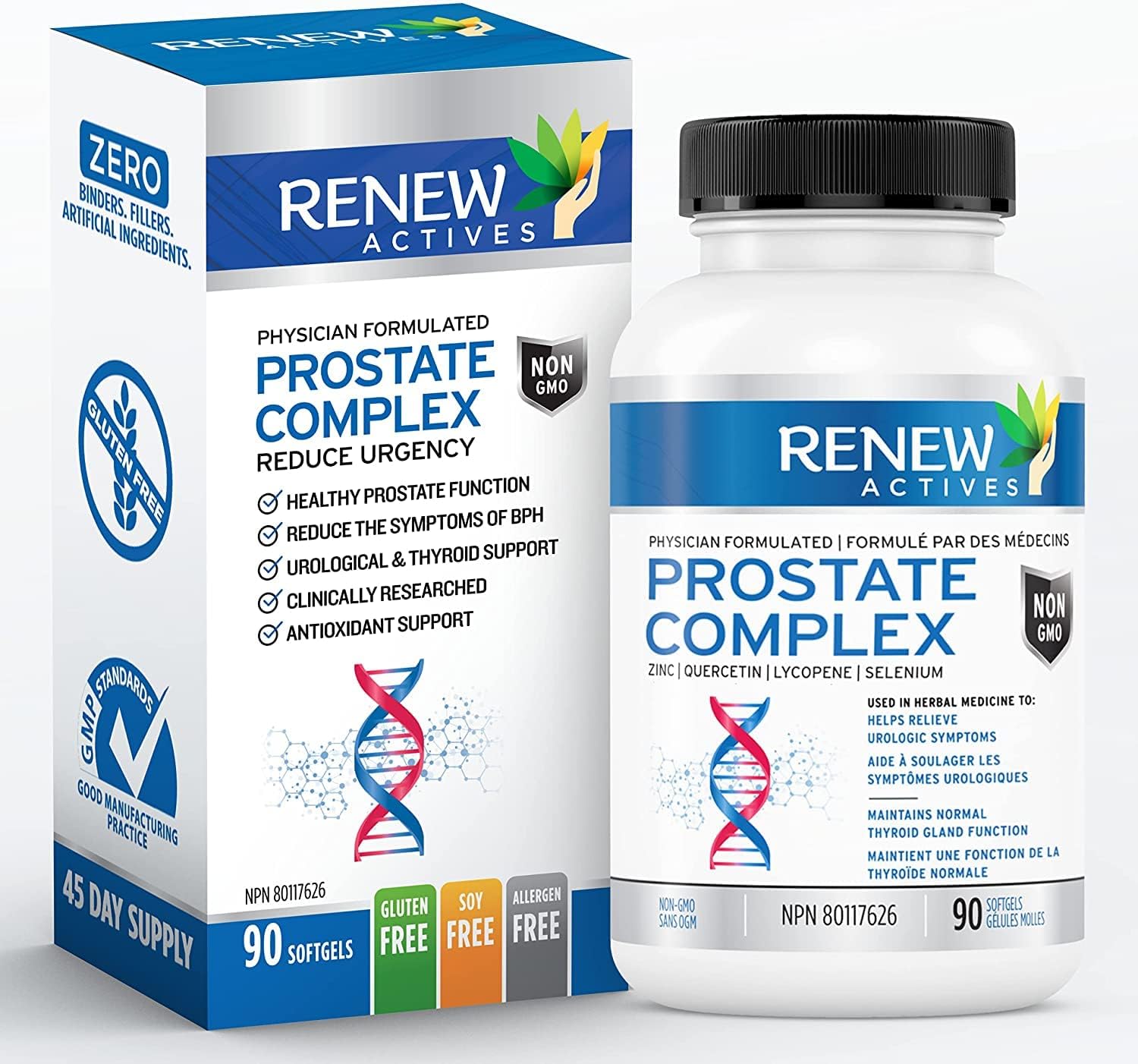 Renew Actives Prostate Complex 2 Softgels per Serving โ Men's Wellness for Prostate, Thyroid, Immune & Eye Health โ Antioxidant Support for Vitality & Performance โ Made in Canada - 90 Softgels