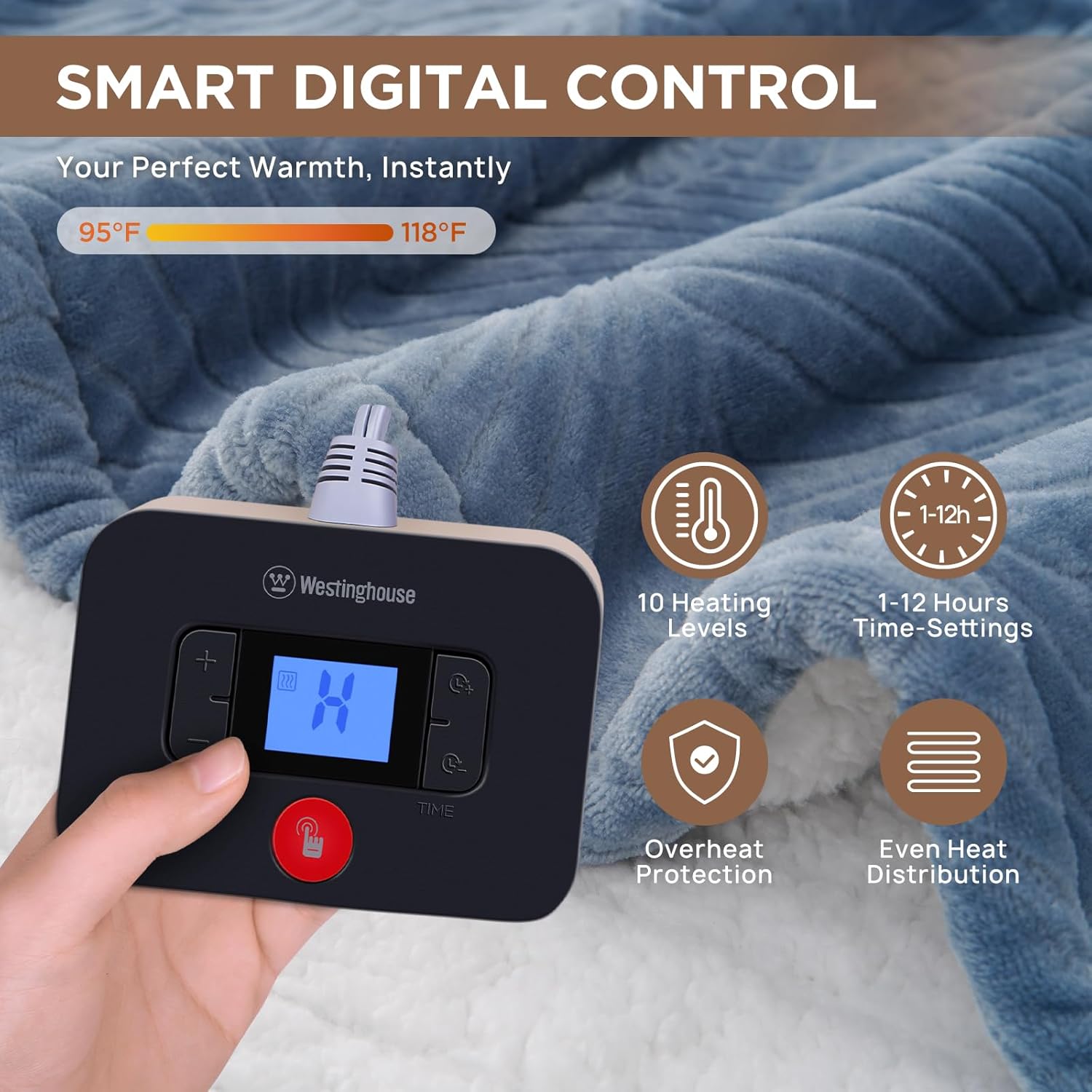 Westinghouse Electric Blanket Full, Flower Jacquard Heated Blanket Full Size with 10 Heating Levels and 1-12 Hours Auto-Off, Flannel to Sherpa Reversible, Machine Washable (72" x 84", Blue) - Image 3