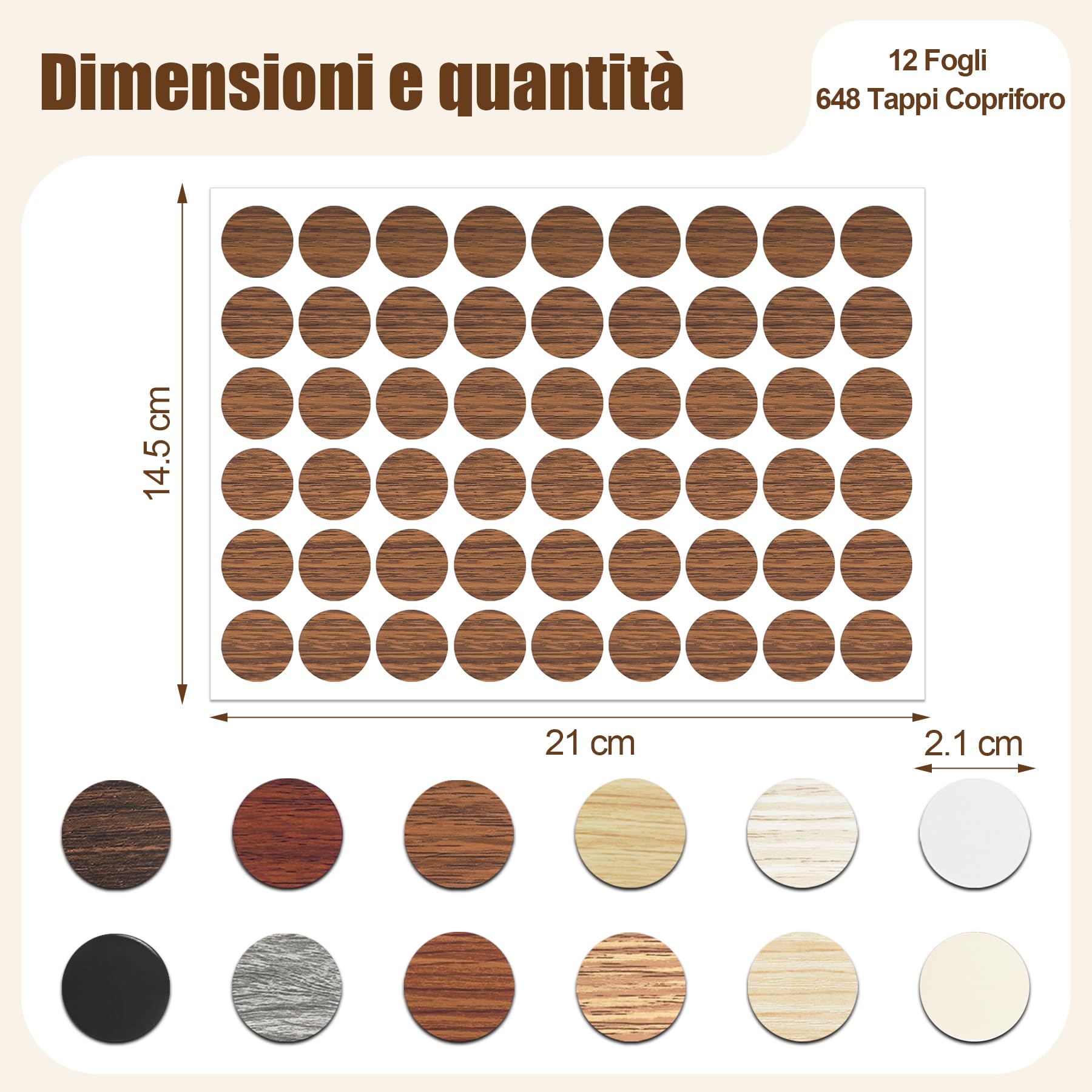 Copriviti Adesivi 648 Pezzi 12 Colori 21mm Tappi Copriforo per Fori Viti Mobili