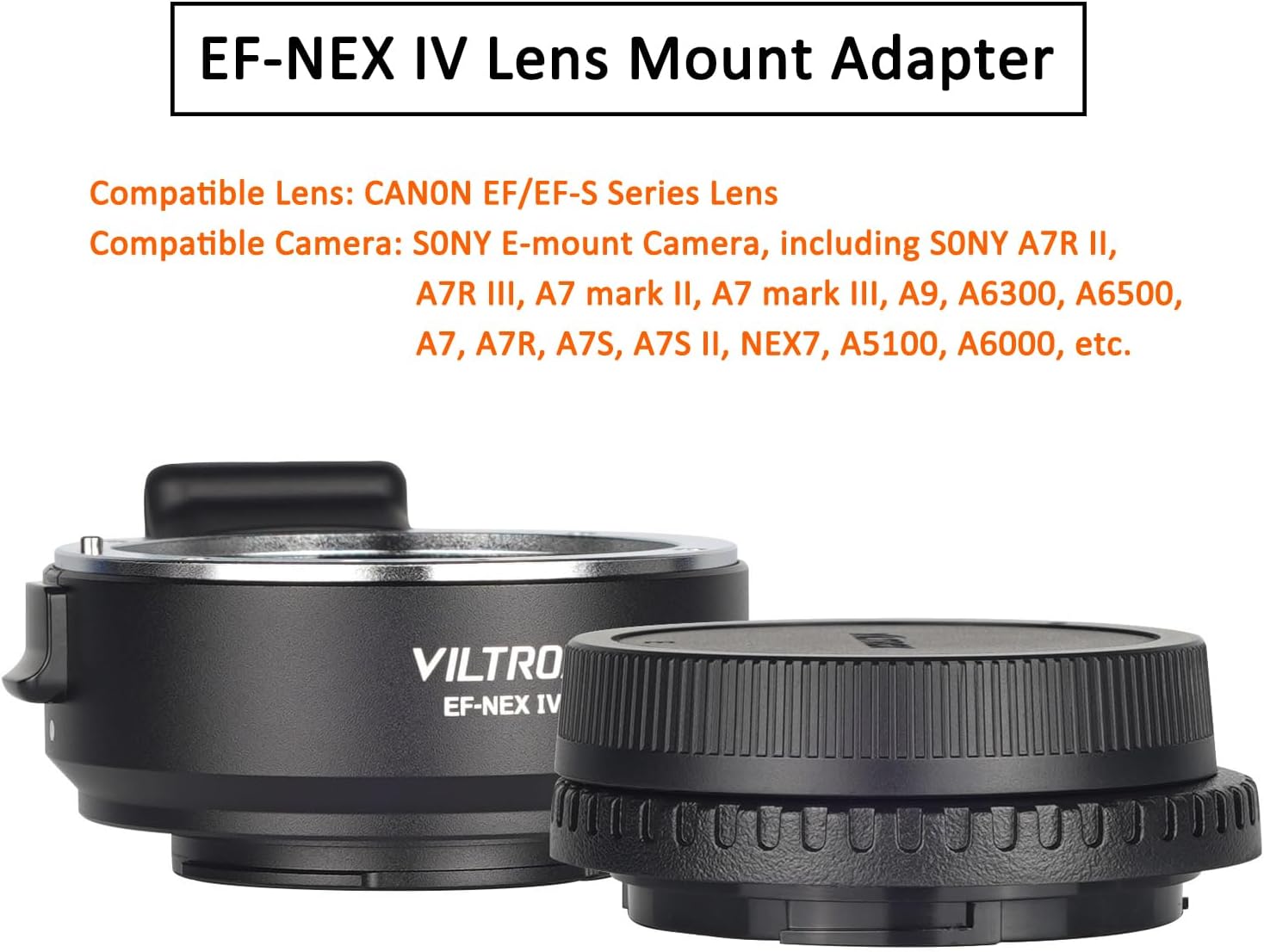 EF-NEX IV Autofocus Lens Adapter Compatible for Canon EF Lens to E-Mount Camera S0NY a7 a7II a7R a7RII a7S a7SII a9 nex7 a5100 a6000 a6300 a6500