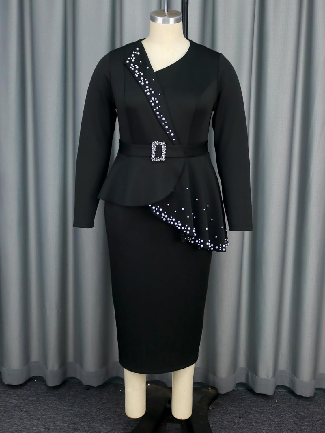 AOMEI Women's Elegant Beaded Formal Church Dress Long Sleeve Irregular Ruffle Bodycon Business Event Dresses - Image 6