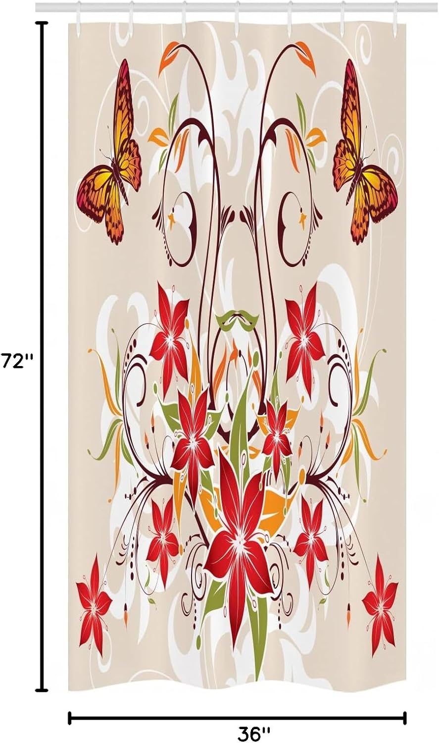 Ambesonne Floral Stall Shower Curtain, Butterflies and Flourishing Swirled Blossoms Bouquet Botany Image, Fabric Bathroom Decor Set with Hooks, 36" W x 72" L, Beige Green Red
