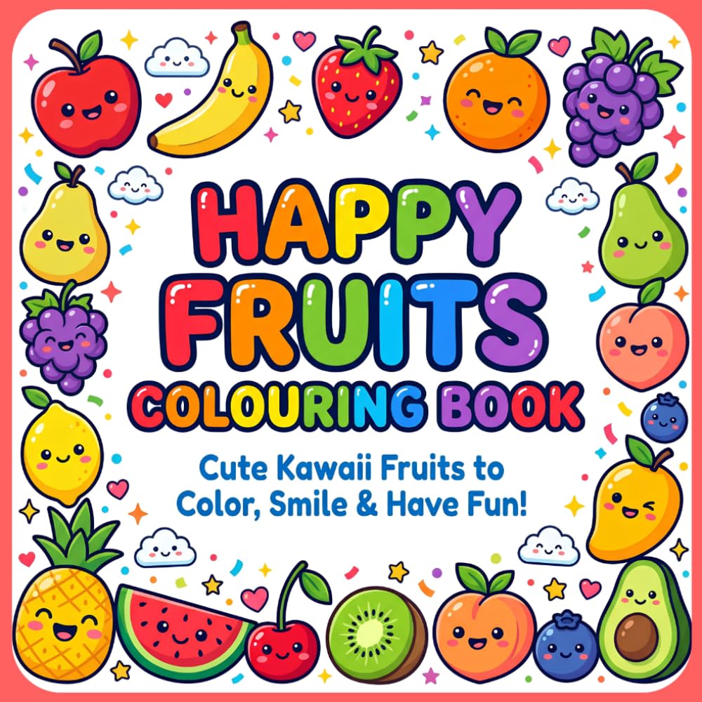 Happy Fruits Colouring Book: Cute Kawaii fruits to Color, Smile & Have Fun