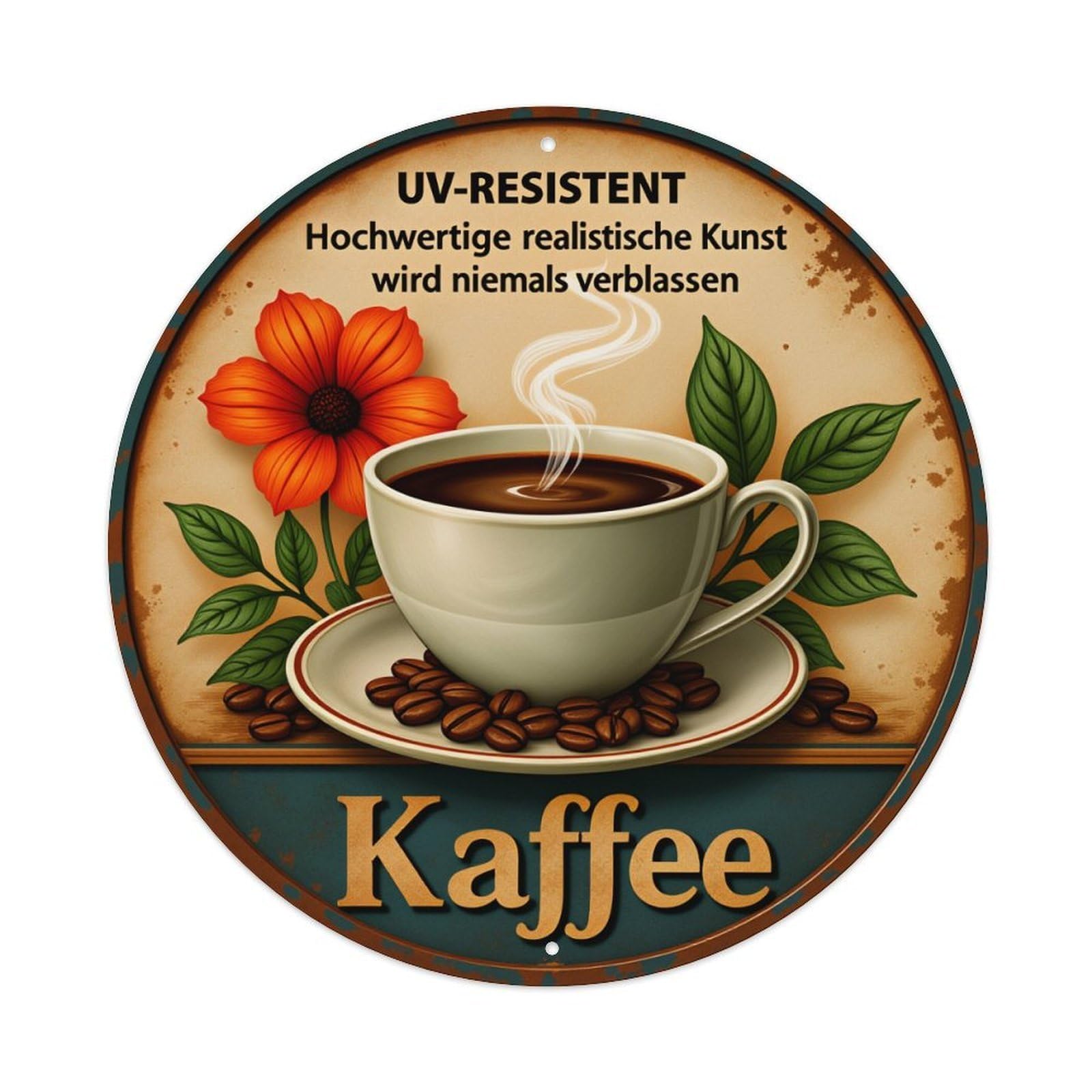 Coffee Cup Flower Leaves Beans Round Tin Sign Vintage Metal Poster Retro Bar, Home, Man Cave, Kitchen, Laundry Room Wall Art Decor Gift 8x8Inch