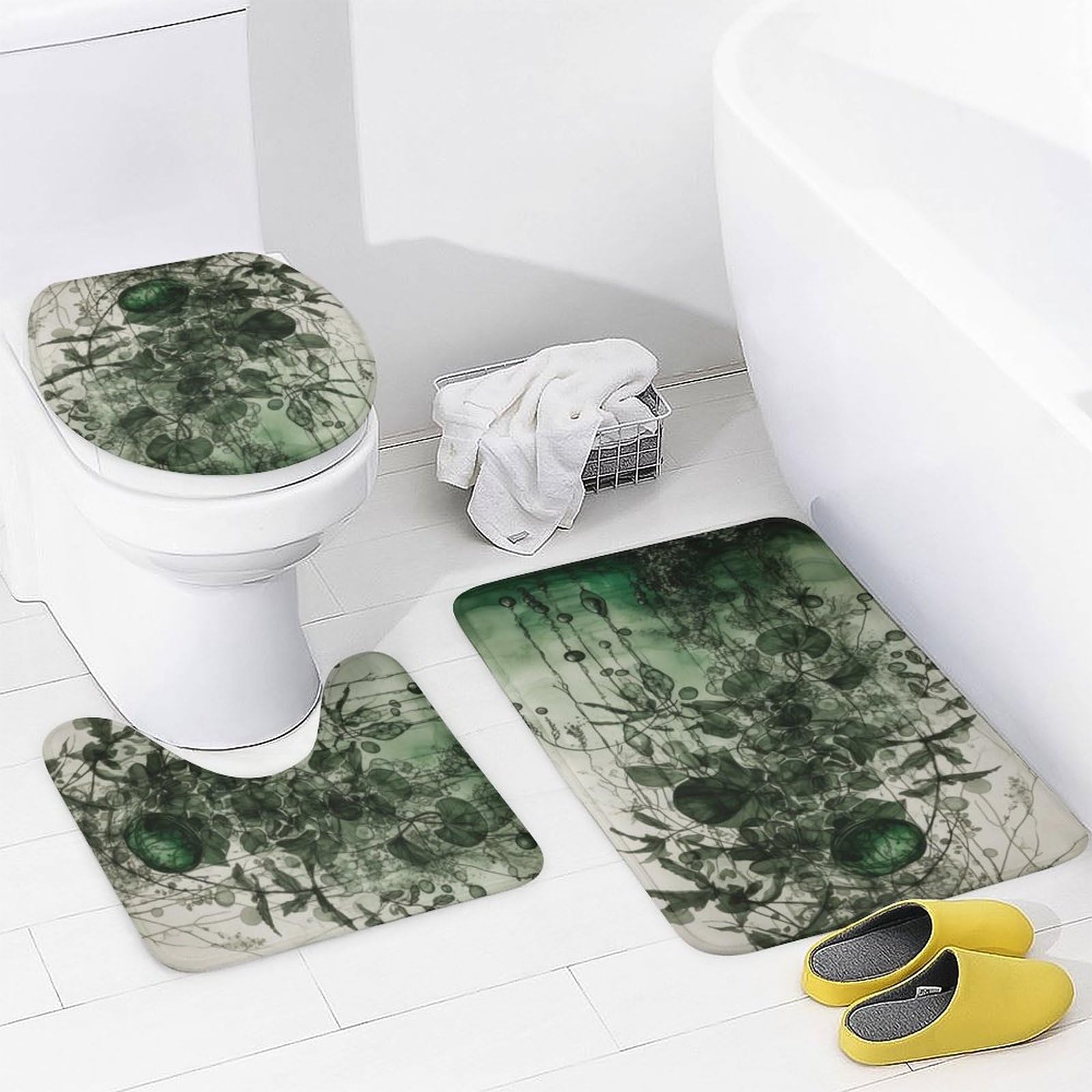 Ensemble Rideau Douche 4 Pièces Motif Plantes Tropicales - Rideau + Tapis + Crochets - 180x180cm