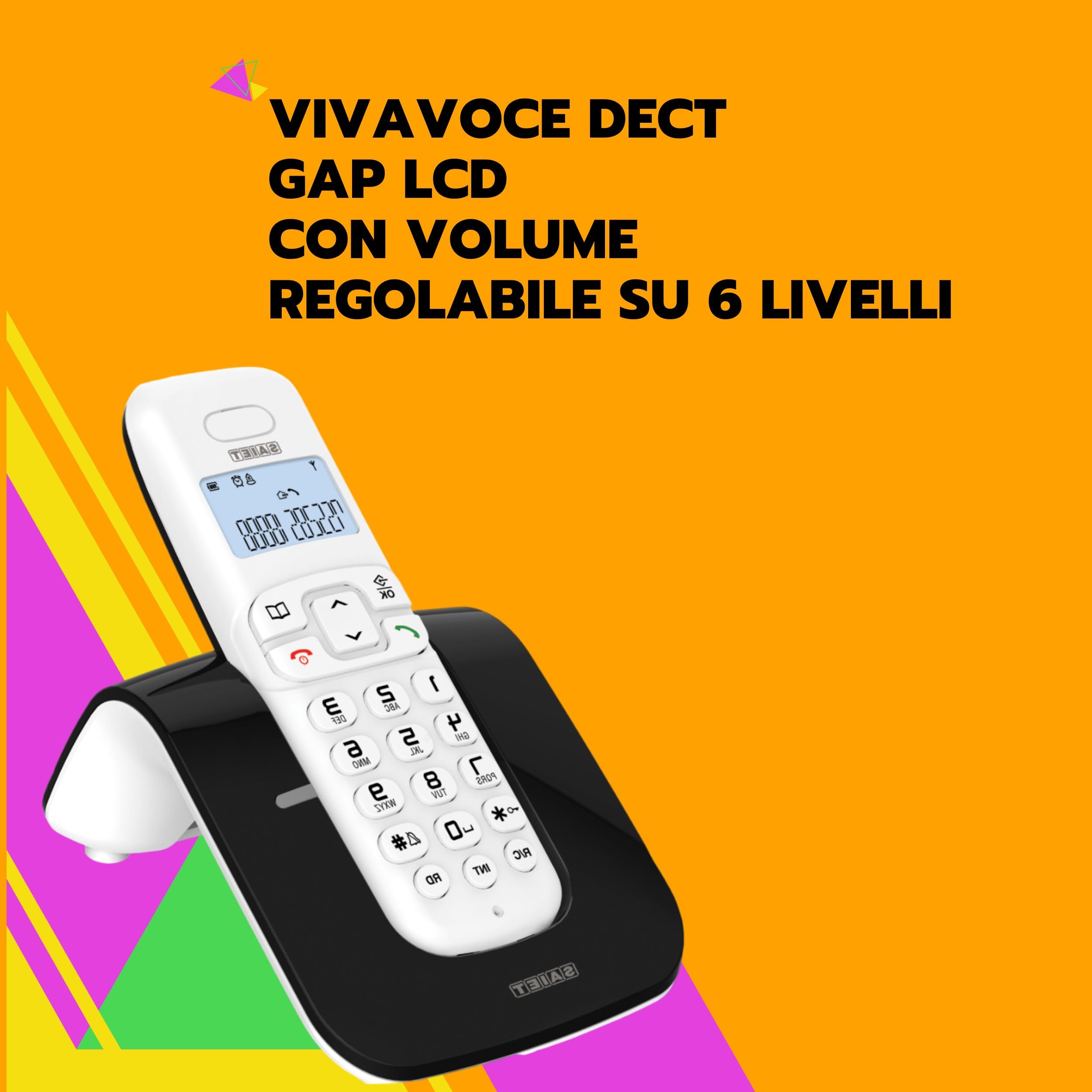 SAIET - Telefono Cordless Casa e Ufficio 13500783 - con Vivavoce DECT GAP LCD - con Tasti Grandi e Schermo Intuitivo - Nero