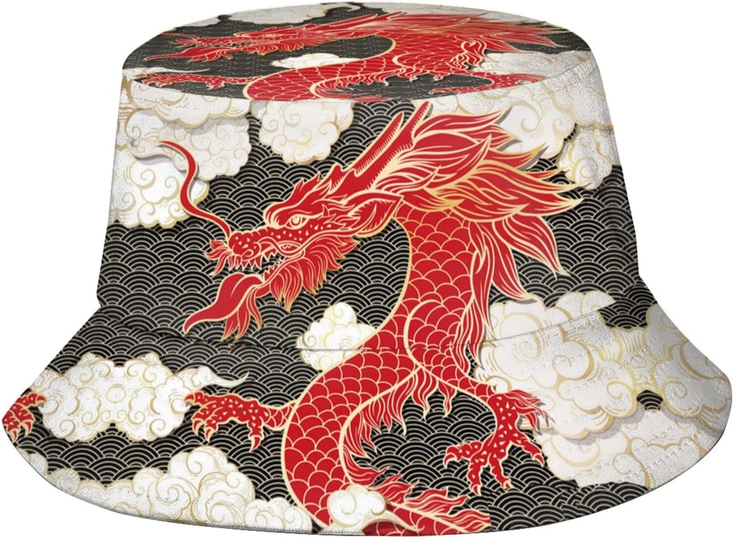 ASYGChinese Japanese Dragon Bucket Hat Unisex Outdoor Travel Packable Beach Sun Hat Dragon Print Fisherman Cap