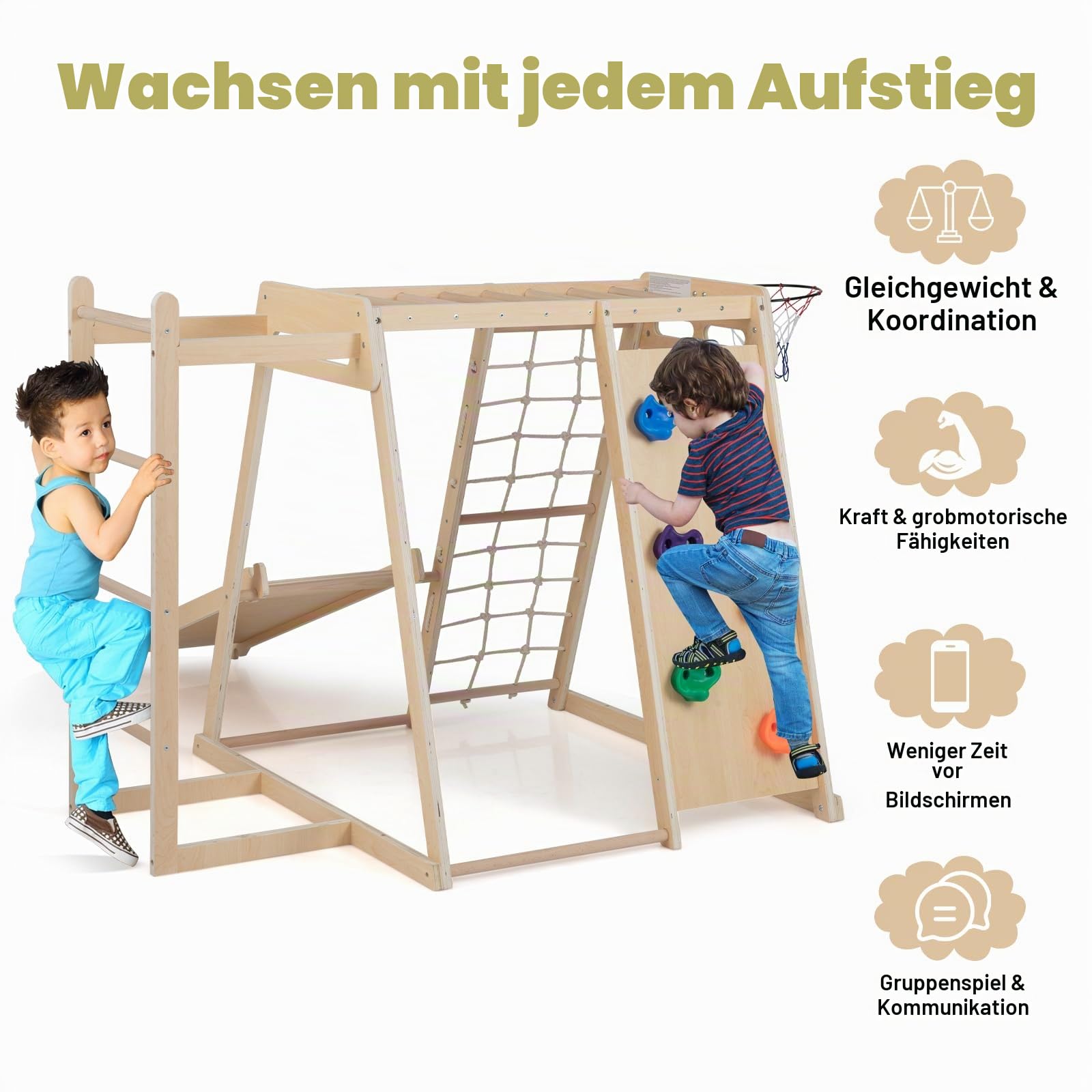 HOMASIS Klettergerüst Indoor, 6 in 1 Kletterdreieck mit doppelseitige Rutsche, Kletternetz, Kletterleiter, Basketballkorb, Kletterfelsen & Affenstangen, Holz Spielplatz für Kinder ab 3 Jahren (Natur)