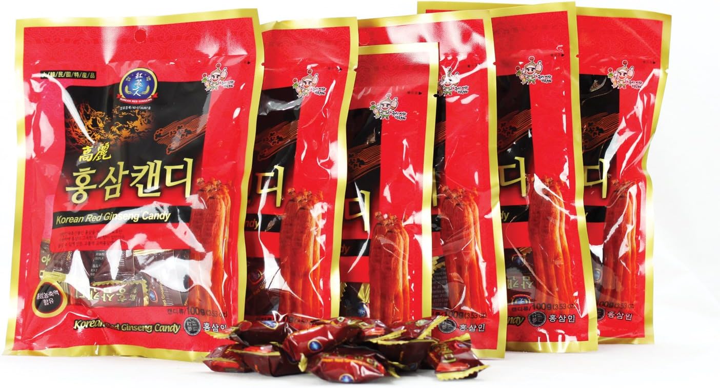 Korean Premium Red Ginseng HongSamin Hard Candy (100gx6packs) 600g - Strong Red Ginseng Taste. Help with Sore Throat, Coughing, Breath Refresher