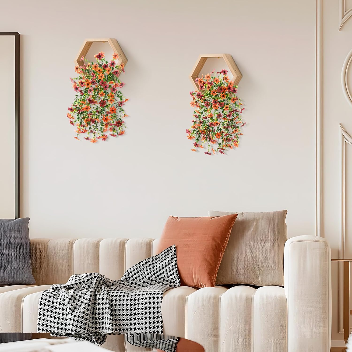 Artificial Faux Mums Fall Hanging Flowers for Outdoor Decoration,2 Pack Fake Silk Plants Daisy Realistic UV Resistant Summer Decor for Home Indoor Porch Patio Balcony Yard Autumn Decor (Brown Orange) - Image 5