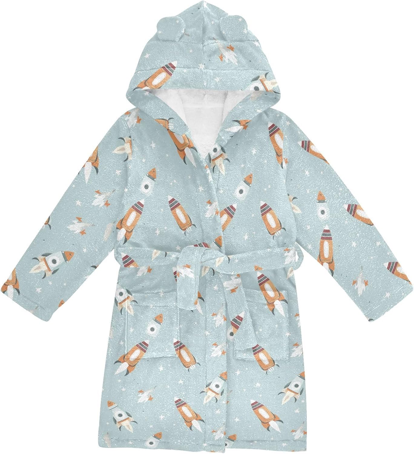 senya Cartoon Rocket Toddler Hooded Bathrobe Kids Soft Plush Bath Towel Robes for Boys Girls 2-12 Years