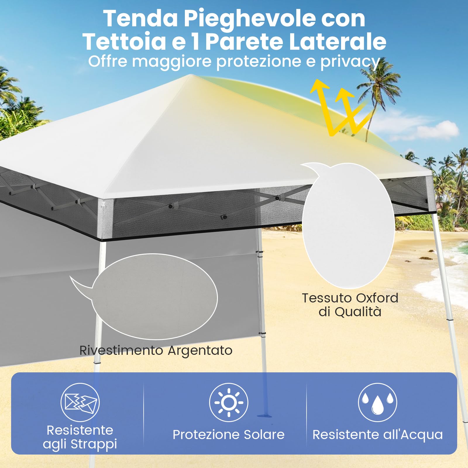 COSTWAY Gazebo Pop-up da Esterno 182 x 182 cm, Gazebo Pieghevole con 1 Parete Laterale, Gambe Inclinabili Regolabili e 4 Picchetti, Tendone Impermeabile per Feste, Campeggio e Picnic (Bianco)