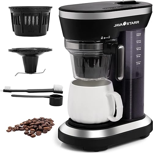 JAVASTARR Cafetera molida y preparada, 2 en 1 de una taza, café compacto y molido, capacidad de 12-15.21 onzas con tecnología de presión de vapor