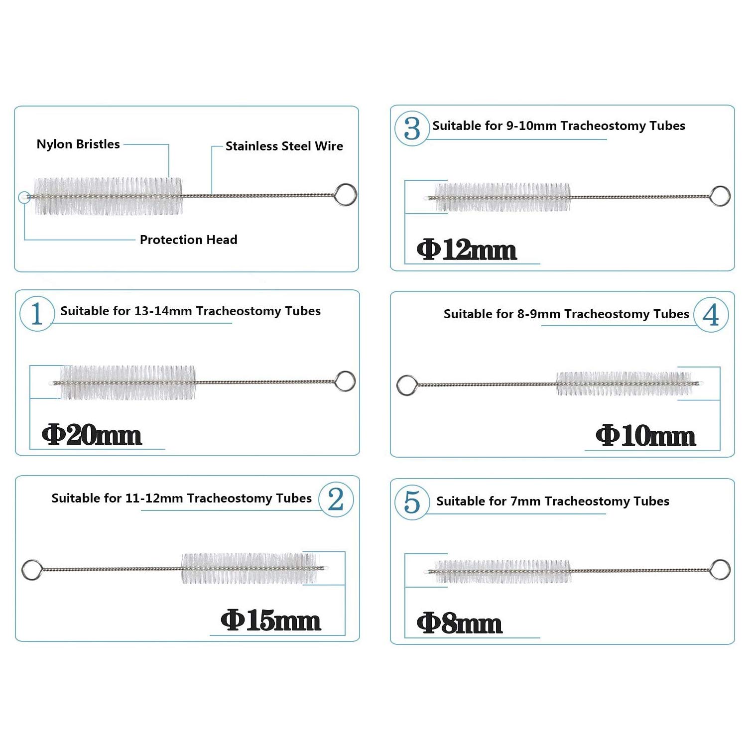 Spazzole Per Pulizia Tubi Tracheostomia - Set 5 Pezzi Da 8mm Con Setole In Nylon E Manico In Acciaio - Foto 13