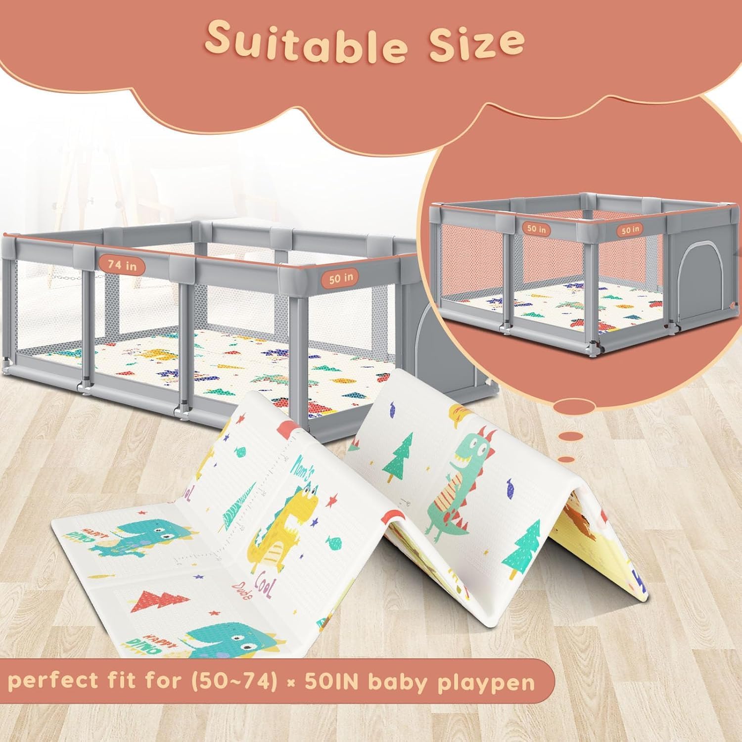 Baby Playpen Mat, 74" × 50“ Baby Play Mat for Floor, Baby Playmat for Playpen, Thick Ultra Soft Playpen Mat for Playing or Crawling, Provides Cushioning, Double-Sided Pattern