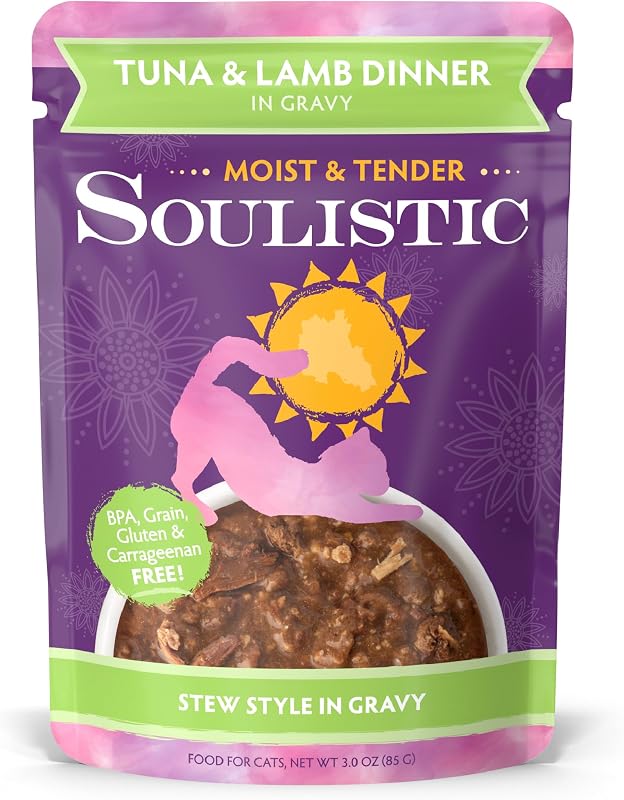 Ração úmida para gatos Soulistic Moist and Tender com atum e cordeiro ao molho, 85 g, pacote com 8 sachês