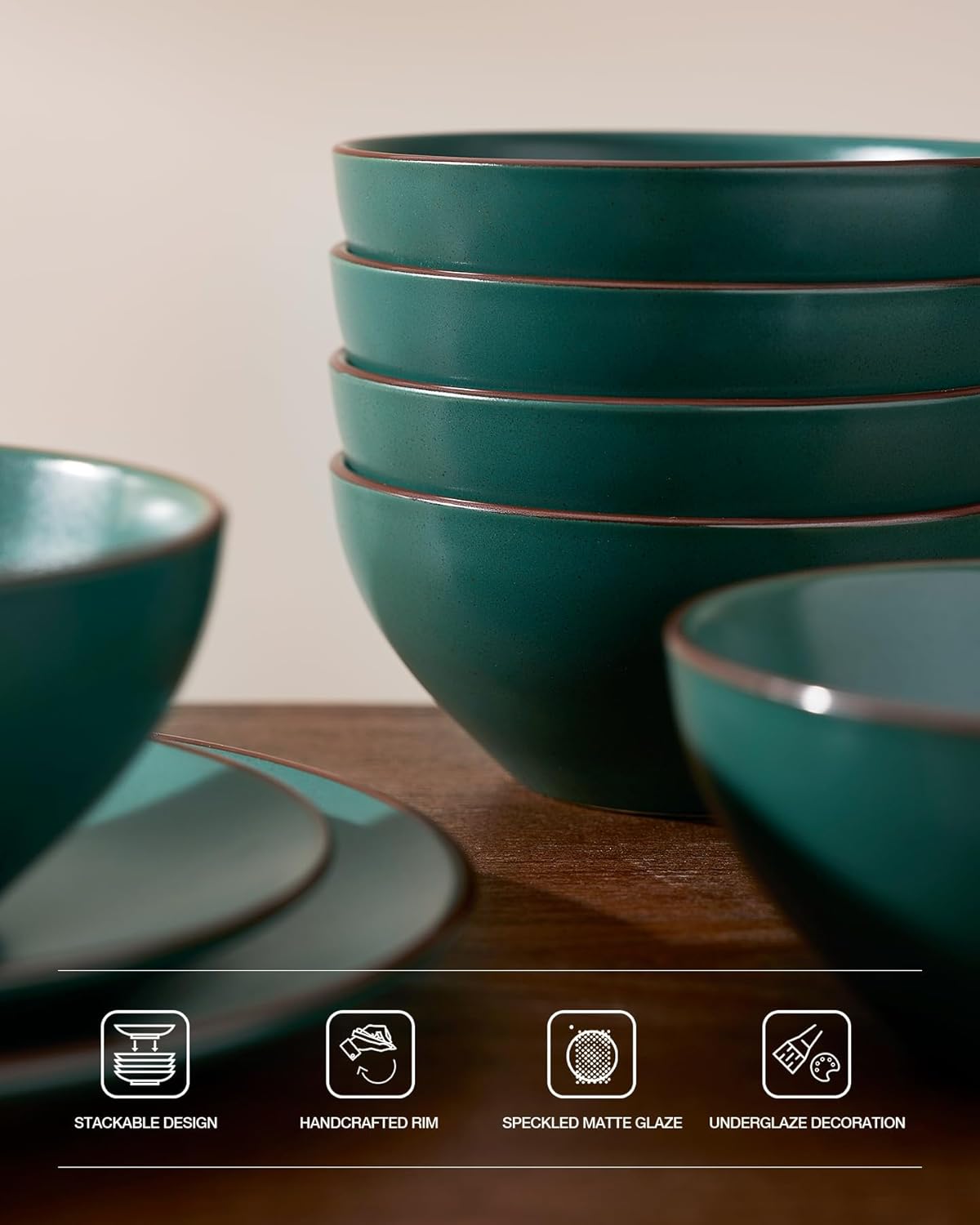 Famiware Venus Plates and Bowls Sets, 12 Pieces Stoneware Speckled Dinnerware Sets, Dishes Set for 4, Microwave and Dishwasher Safe, Matte Dark Green - Image 6