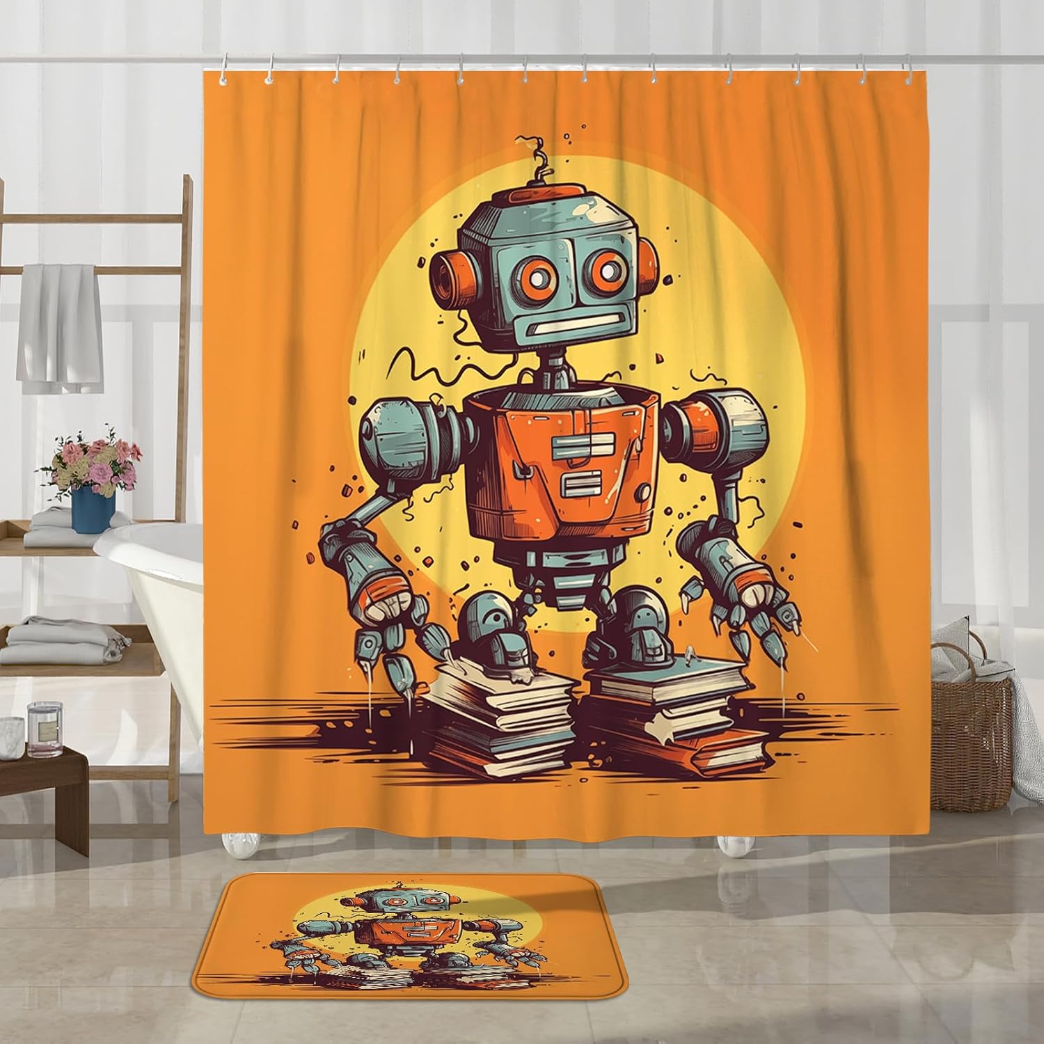 4PCS Cartoon Cute Robot Curtain Sets with Non-Slip Rug, U Shape and Toilet Lid Cover Mat, Funny Kids Science Home Bathroom Accessory Sets Decor with 12 Hooks, 72 x 72 Inch