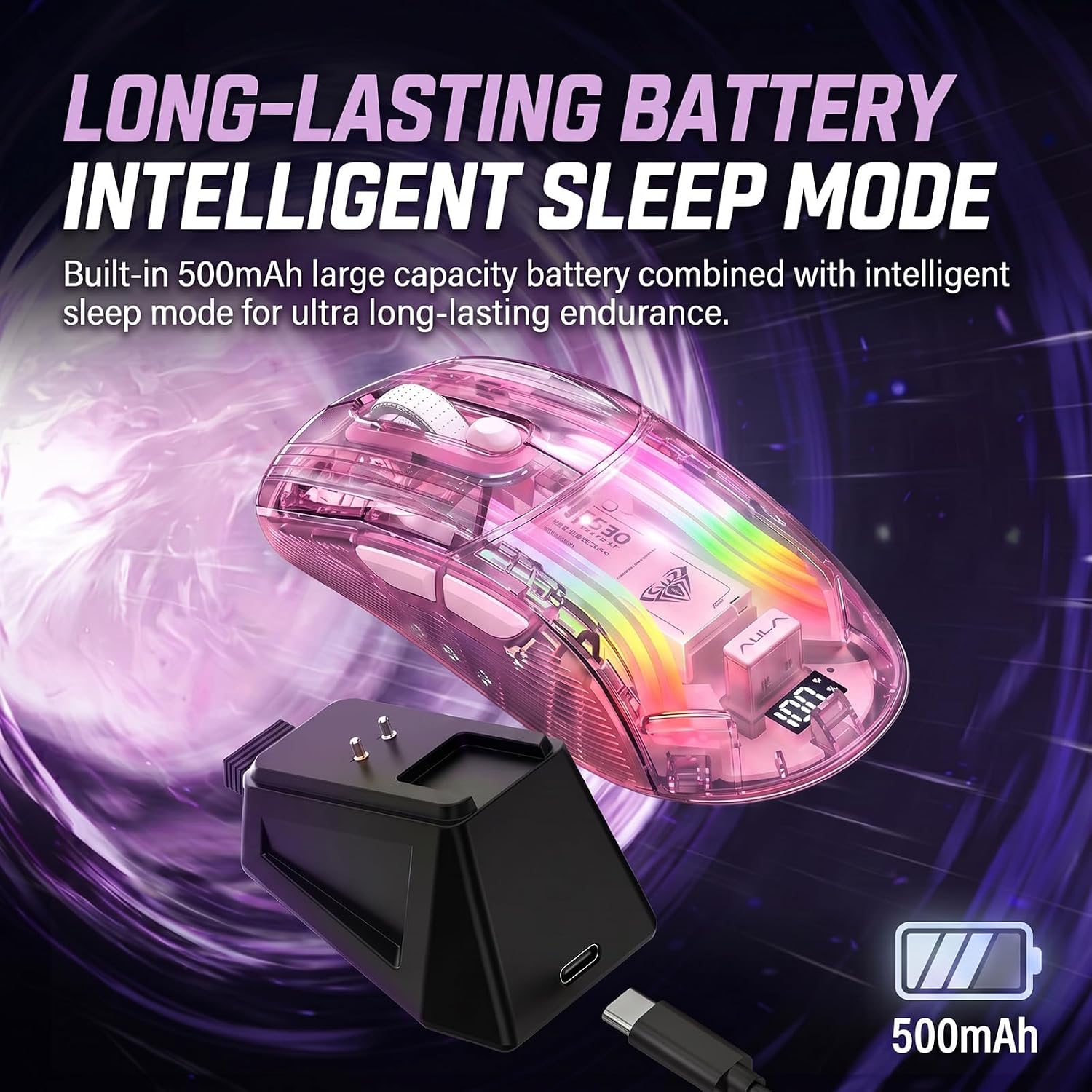 Cute Transparent Mouse, Tri-Mode Wireless, RGB Charging Dock, Pink image 5