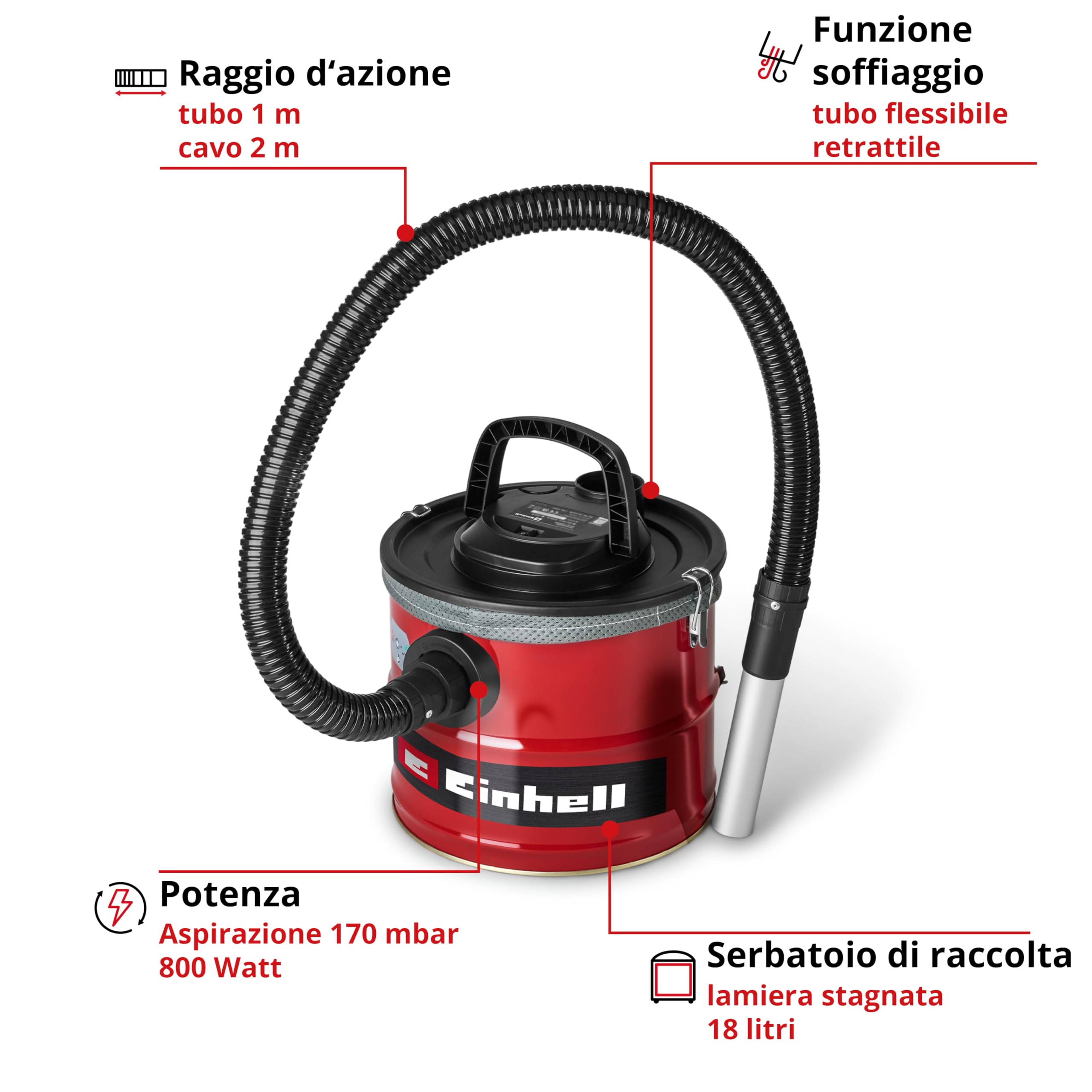 Einhell Aspiracenere TC-AV 1830 D (800 W, aspirazione 170 mbar, serbatoio di raccolta 18 L, sistema di filtraggio, prefiltro per polveri sottili, funzione di soffiaggio, flessibile 1 m, cavo 2 m)