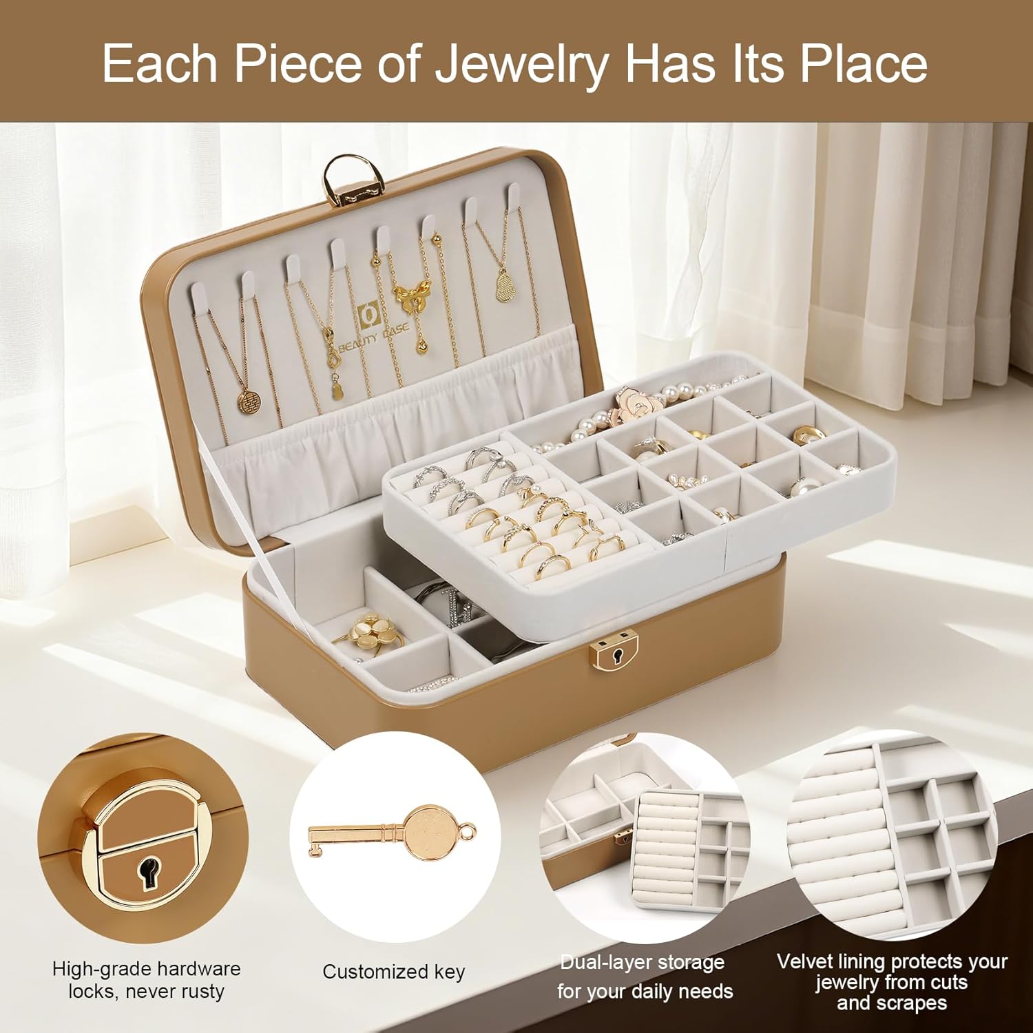 BEAUTY CASE Jewelry Box Organizer for Women Girls, 2 Layer Large Jewelry Storage Case, PU Leather Display Jewelry Holder with Removable Tray for Necklace Earrings Rings Bracelets,Brown - Image 2