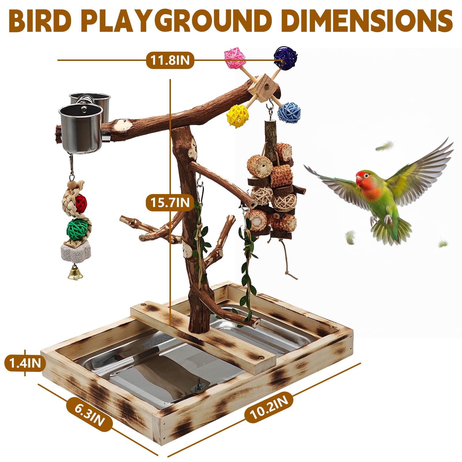 Großer Vogelspielplatz mit Sitzstangen aus Naturholz, geeignet für kleine Vögel wie Wellensittiche, Sittiche, Sittiche, Lovebirds, inklusive Futterbecher, Schaukel und Vogelkauspielzeug