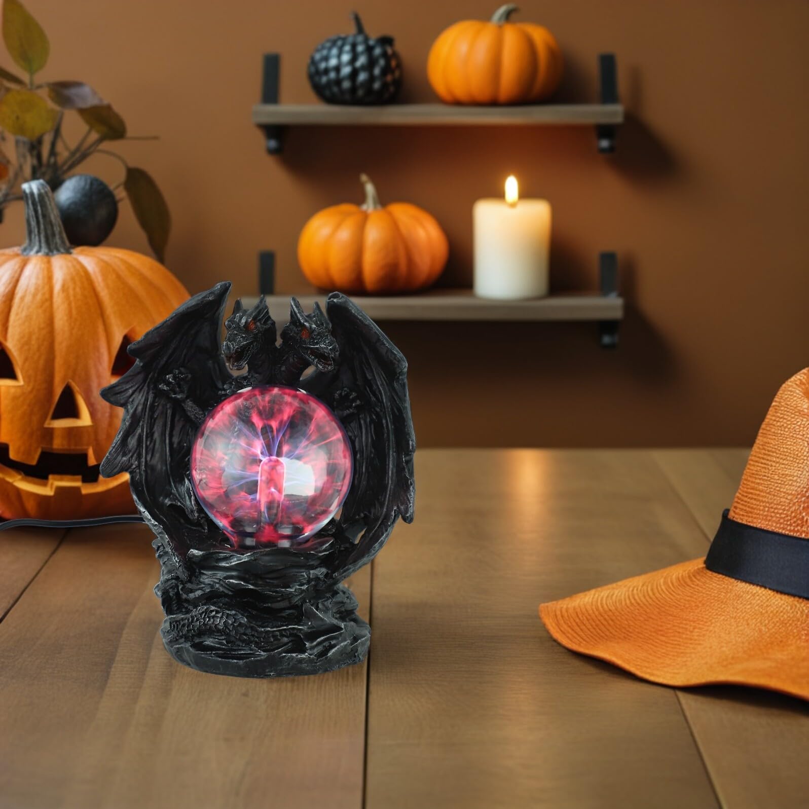 ERINGOGO Lampada Fantasy Desk Sfera al Plasma con Drago Doppio Testa USB Luce Interattiva Colorata per Decorazioni Halloween e Atmosfera Gotica per Casa