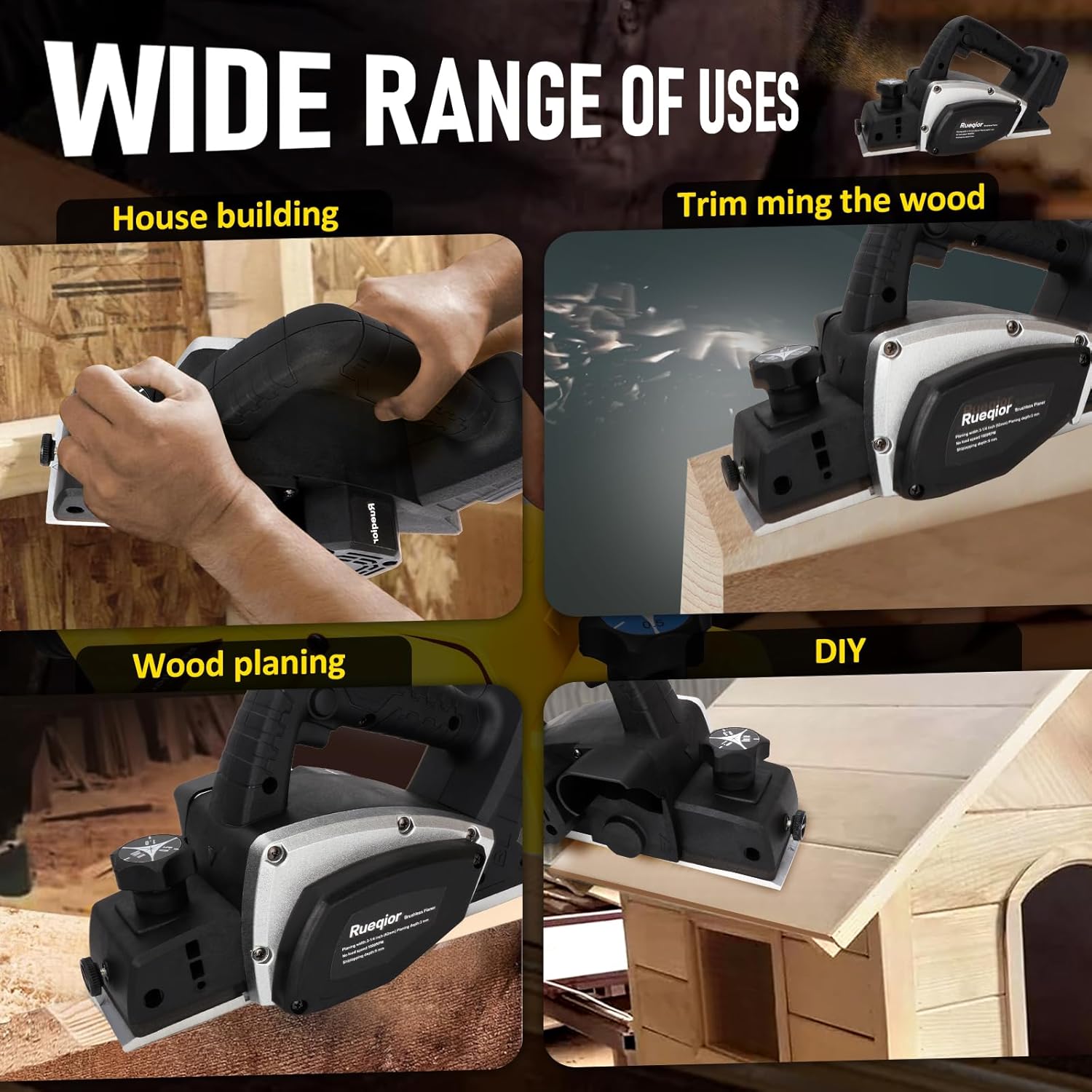 Cordless Handheld Planer Compatible with Dewalt 20v Battery, 15000 RPM Power Wood Planer, 3-1/4 Inch Brushless Power Planer for Woodworking, Carpenter Home DIY(No Battery)